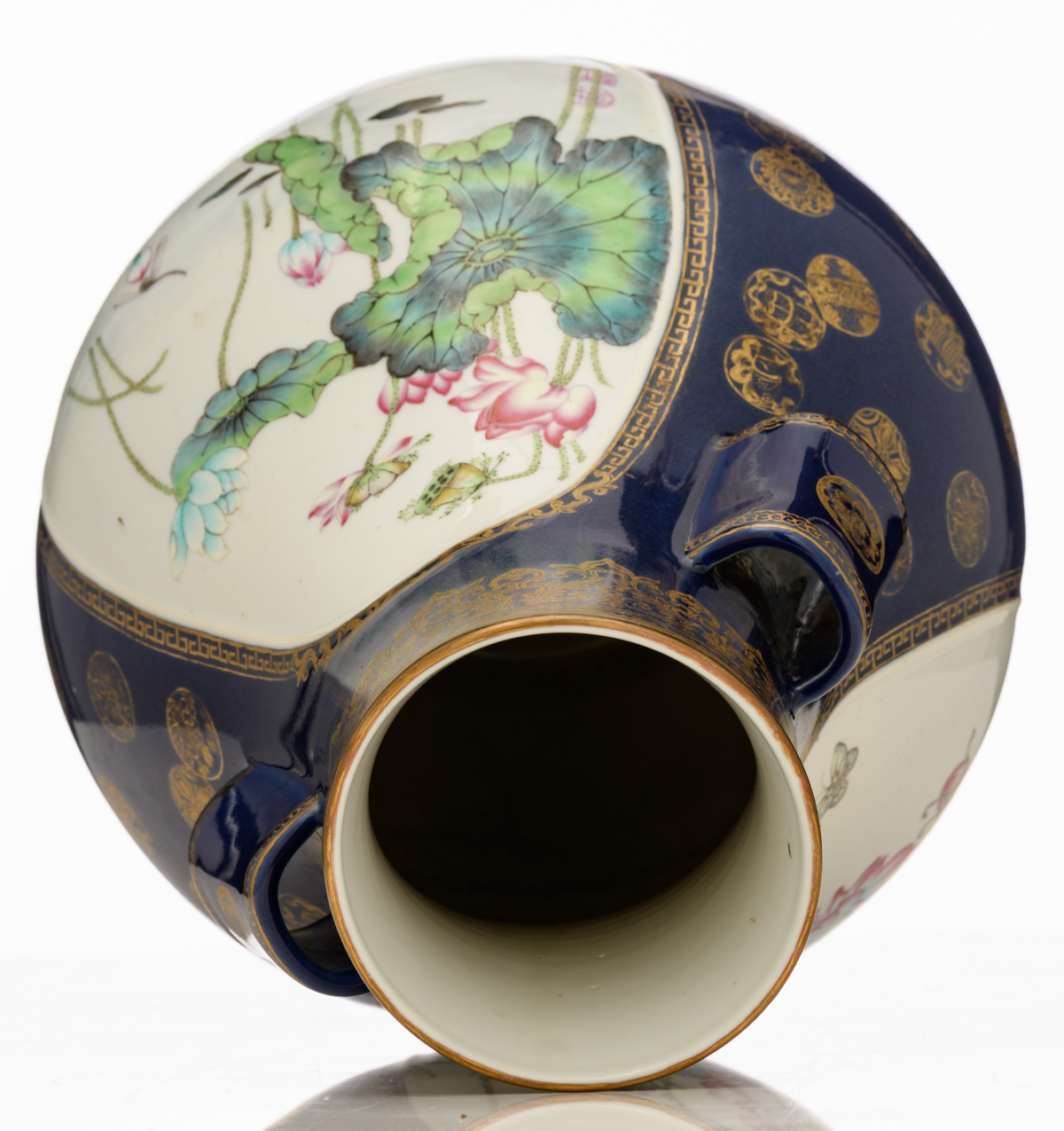 A Chinese Republic period blue ground hu vase, gilt decorated with flower balls and stylised Xi- - Image 5 of 8