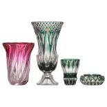 A collection of green overlay Val-Saint-Lambert crystal cut items, consisting of an ashtray, a small