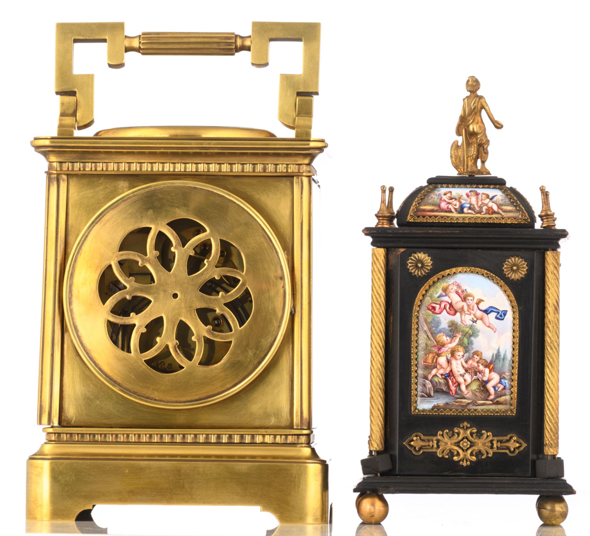 A French early 20thC brass table clock also set with a Fahrenheit & Réaumur thermometer and a - Image 3 of 9