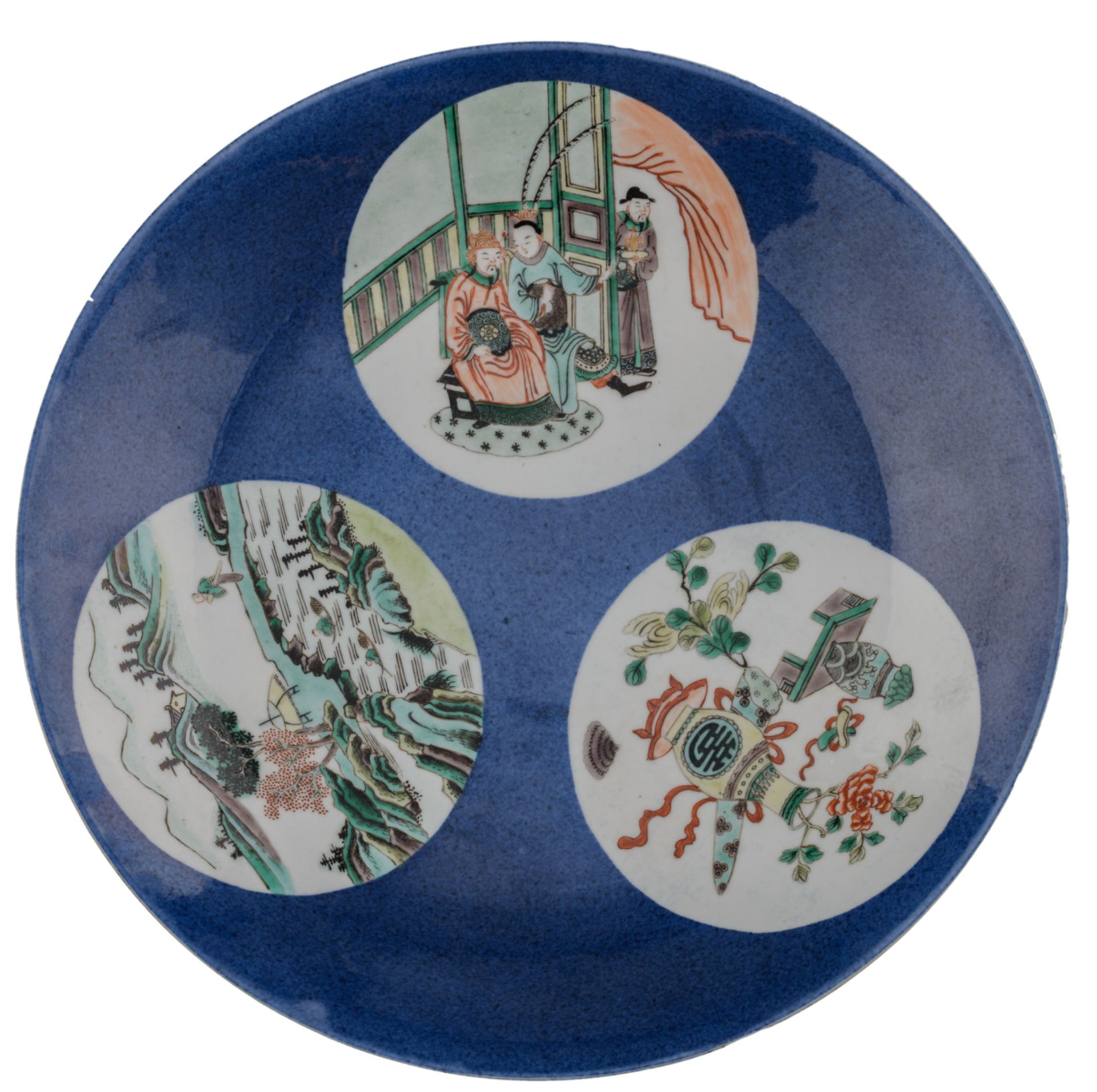 A Chinese bleu poudré plate, the roundels famille verte decorated with antiquities, figures and a