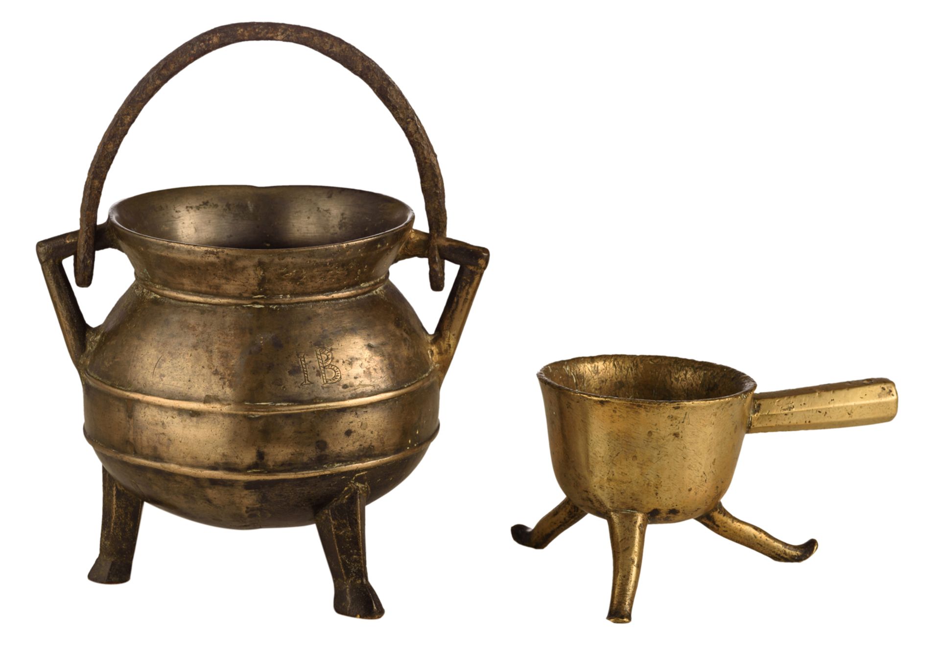 A bronze tripod cauldron with swing handles, monogrammed 'IB', 16thC, H 17 - 27 cm (with handle);