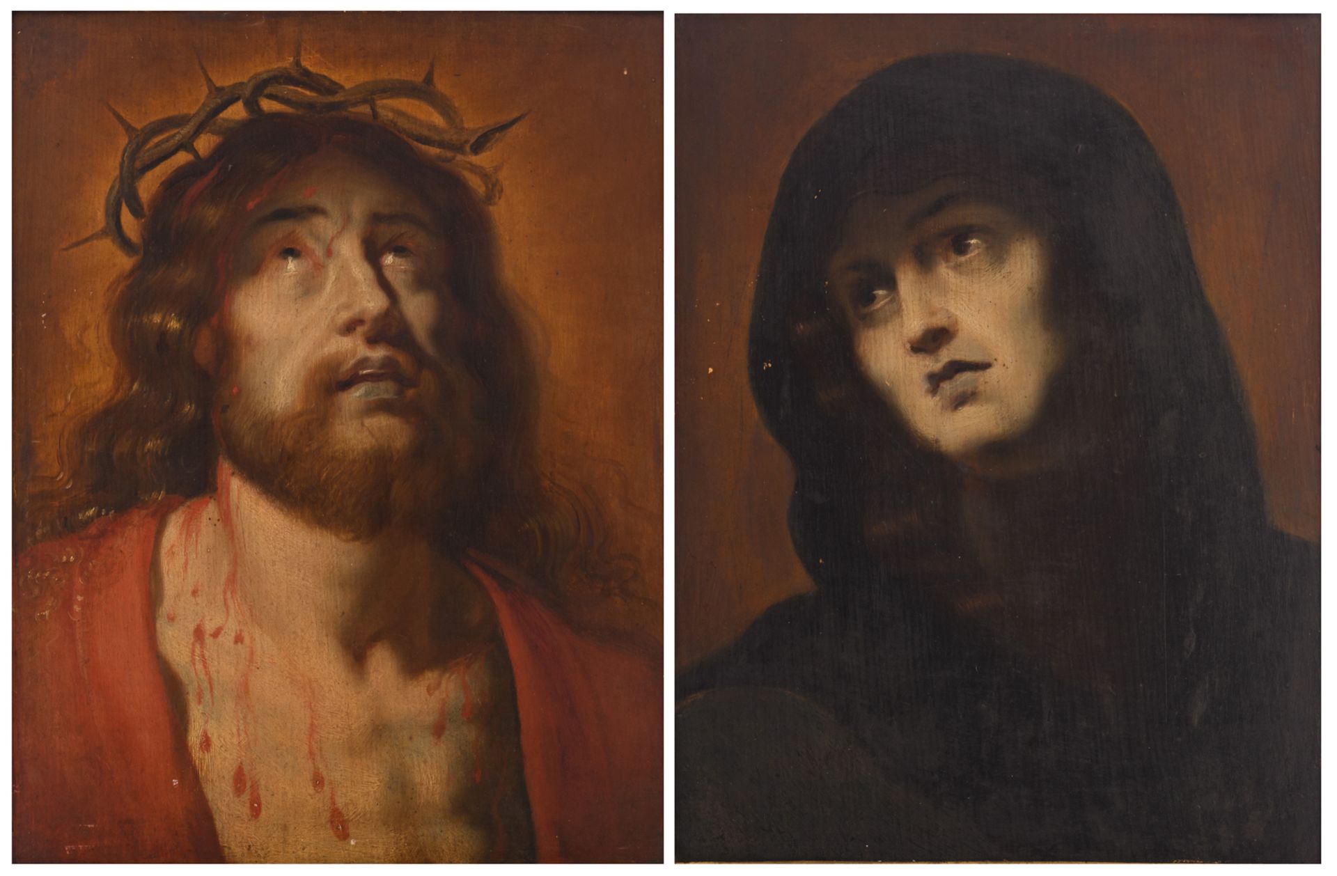 No visible signature, two paintings: 'Mater Dolorosa' - 'Ecce Homo', oil on an oak panel, Flemish,