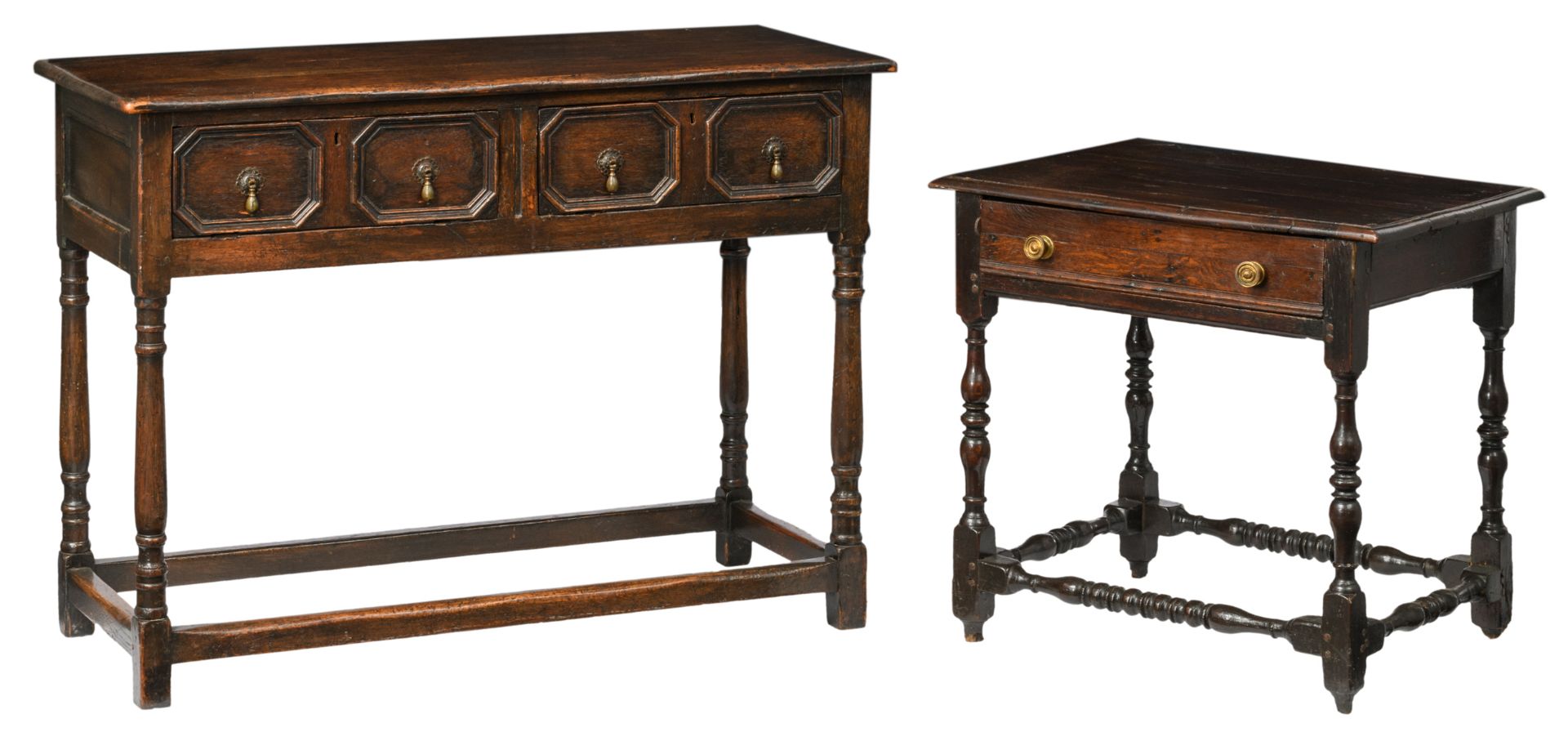 An English Jacobean style oak lowboy with brass hangers, H 80 - W 108 - D 45 cm; added an English