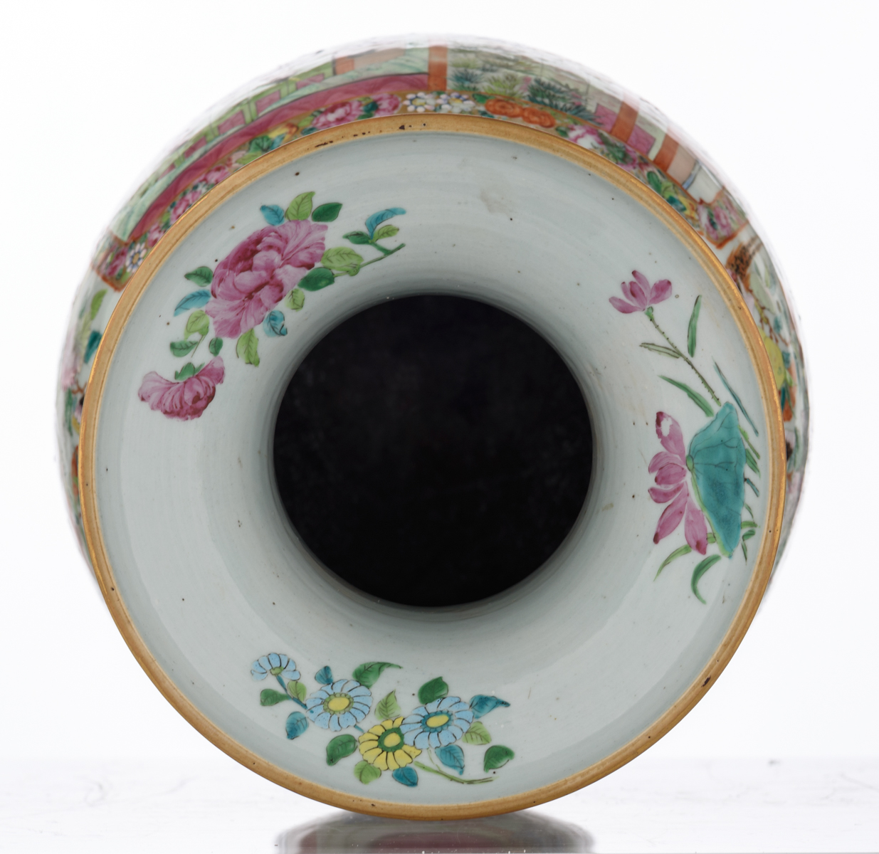 A Chinese Canton famille rose vase with fruits, flowers and butterflies, the roundels decorated with - Image 5 of 6