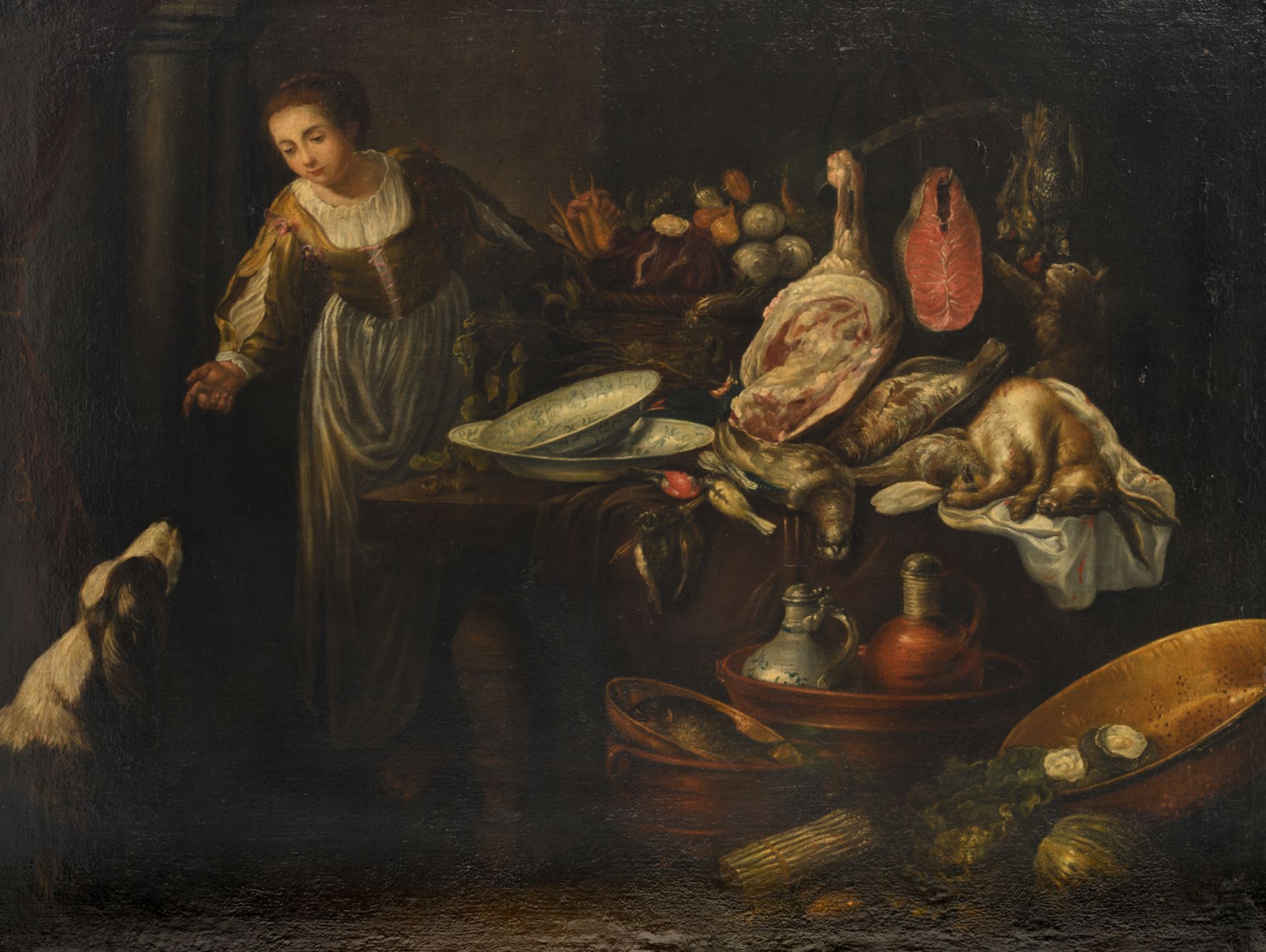 No visible signature (attr. to Jan Fyt), a still life with maid, cat and dog, 17thC, oil on