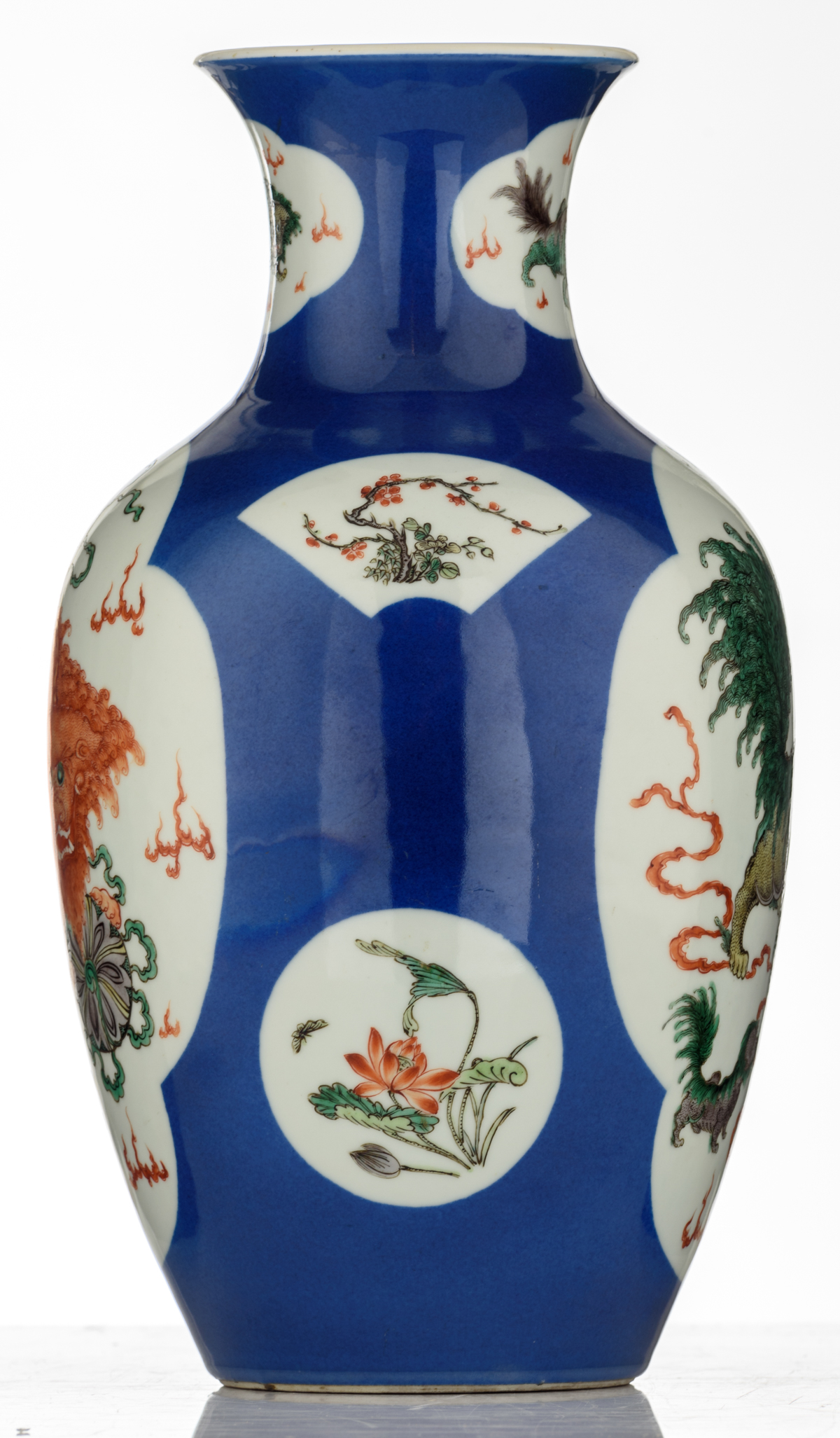 A Chinese bleu poudré begonia shaped vase, the roundels famille verte decorated with playing - Image 2 of 6