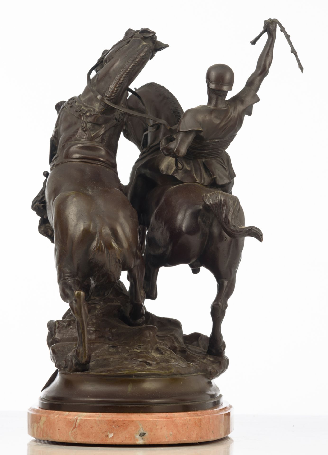 Freniet E., the Roman horse tamer, brown patinated bronze on a rouge imperial marble base, H 40 - Image 5 of 9