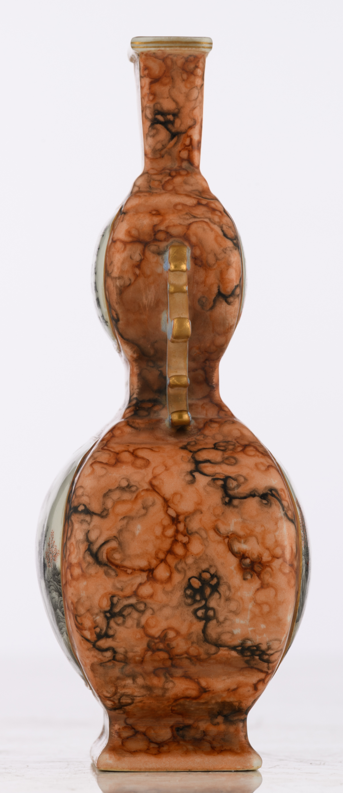 A Chinese Republic period orange-glazed quadrangular double-gourd vase, the roundels decorated - Image 2 of 7