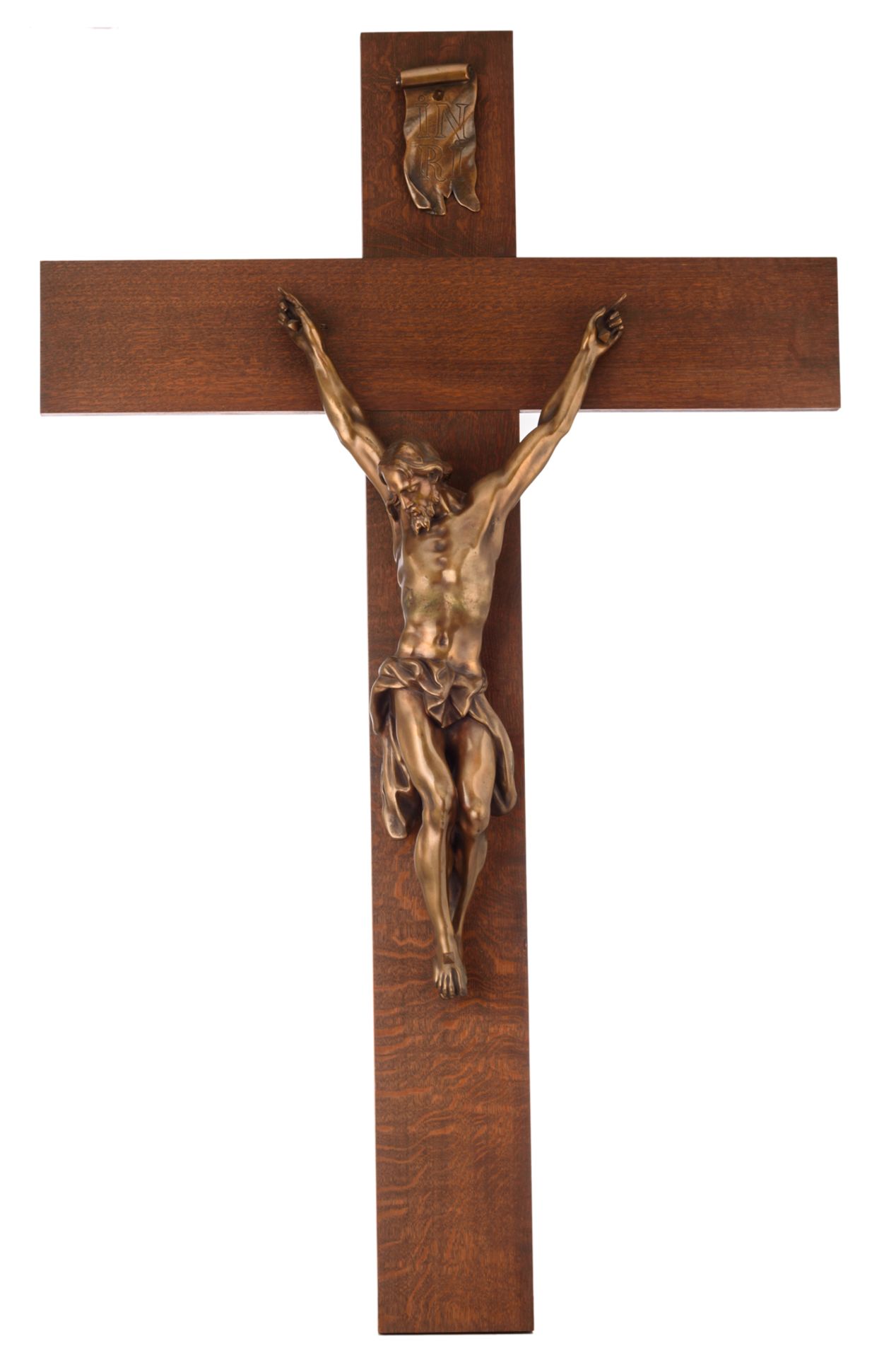 No visible signature, a patinated bronze Corpus Christi on an oak crucifix, H 82 (Corpus Christi)