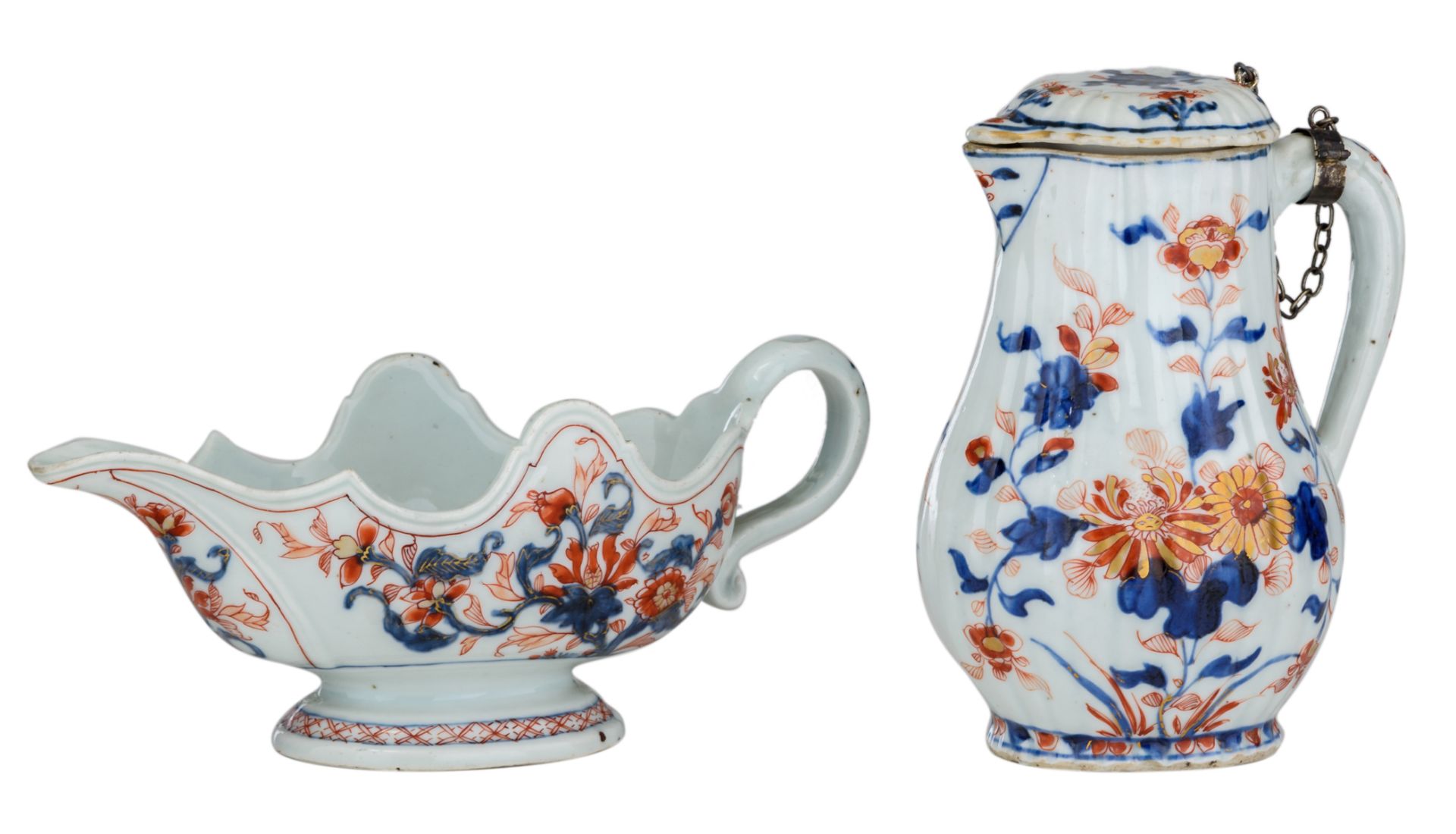 A Chinese Imari lobed jug, decorated with flower bundles; added: a ditto Louis XV-style sauceboat,