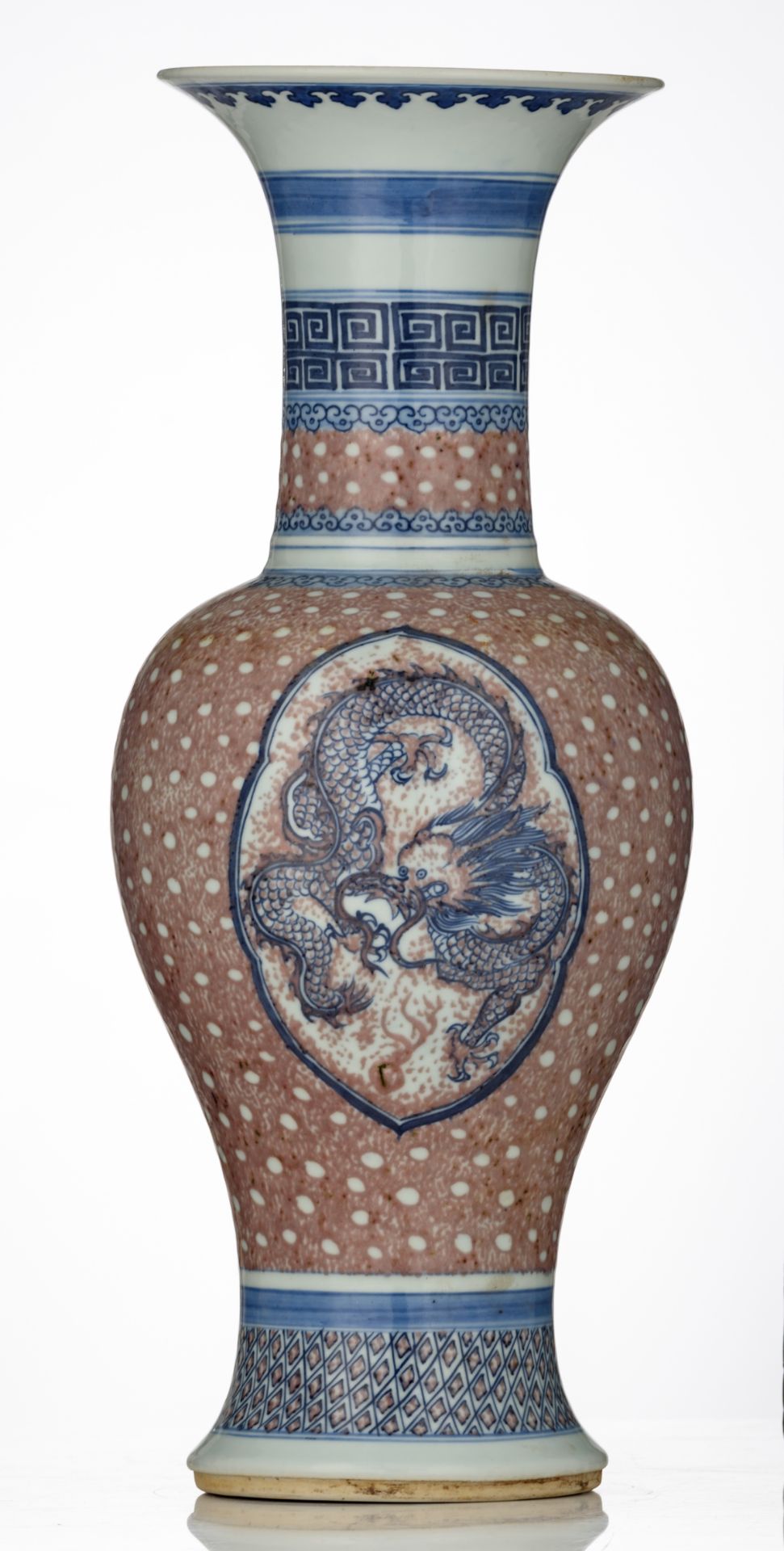 A Chinese underglaze blue and copper red baluster shaped vase, the roundel decorated with a - Image 3 of 6