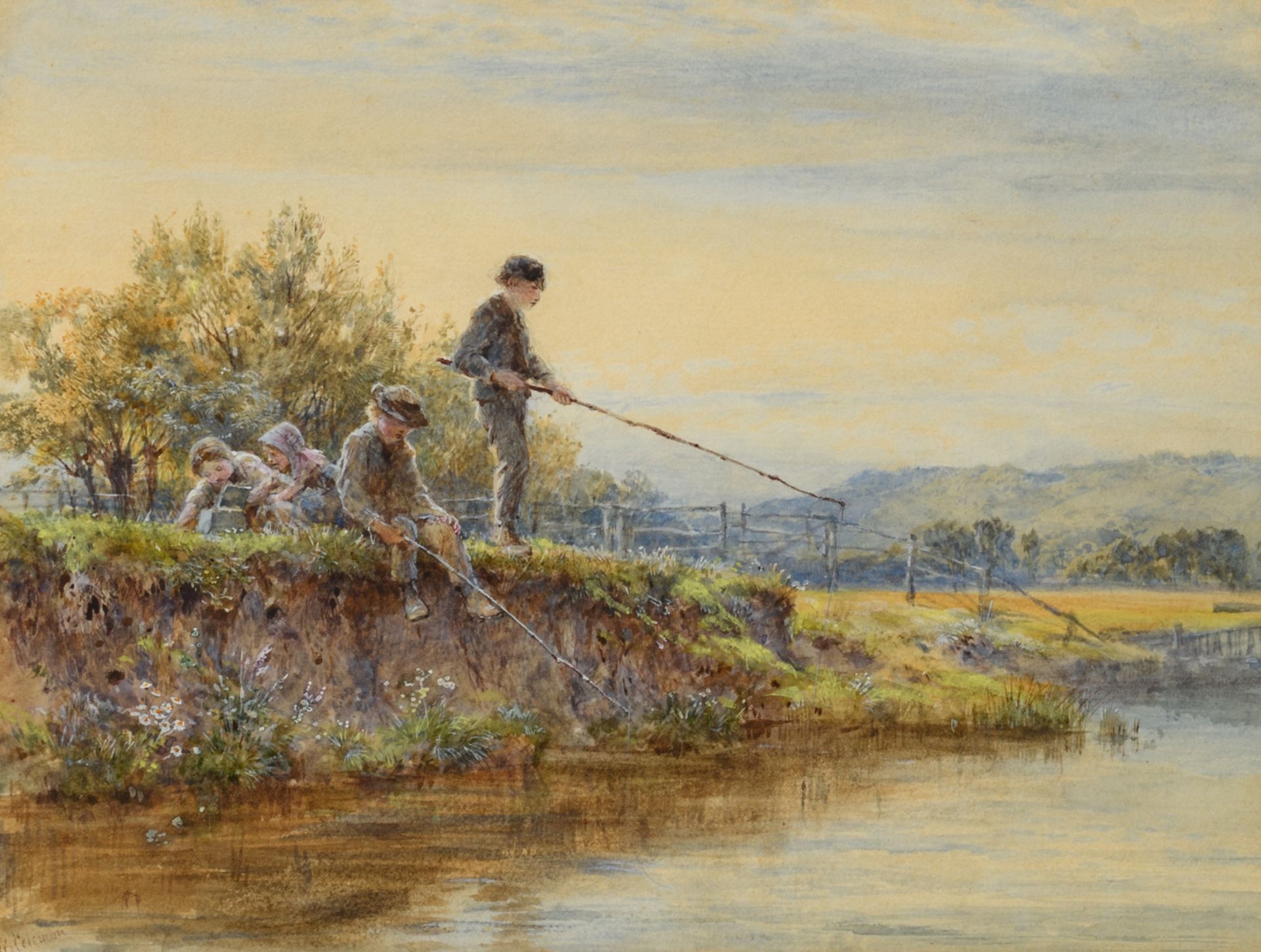 Coleman W. St., 'Children fishing at a River Bank', watercolour, 19 x 25 cm