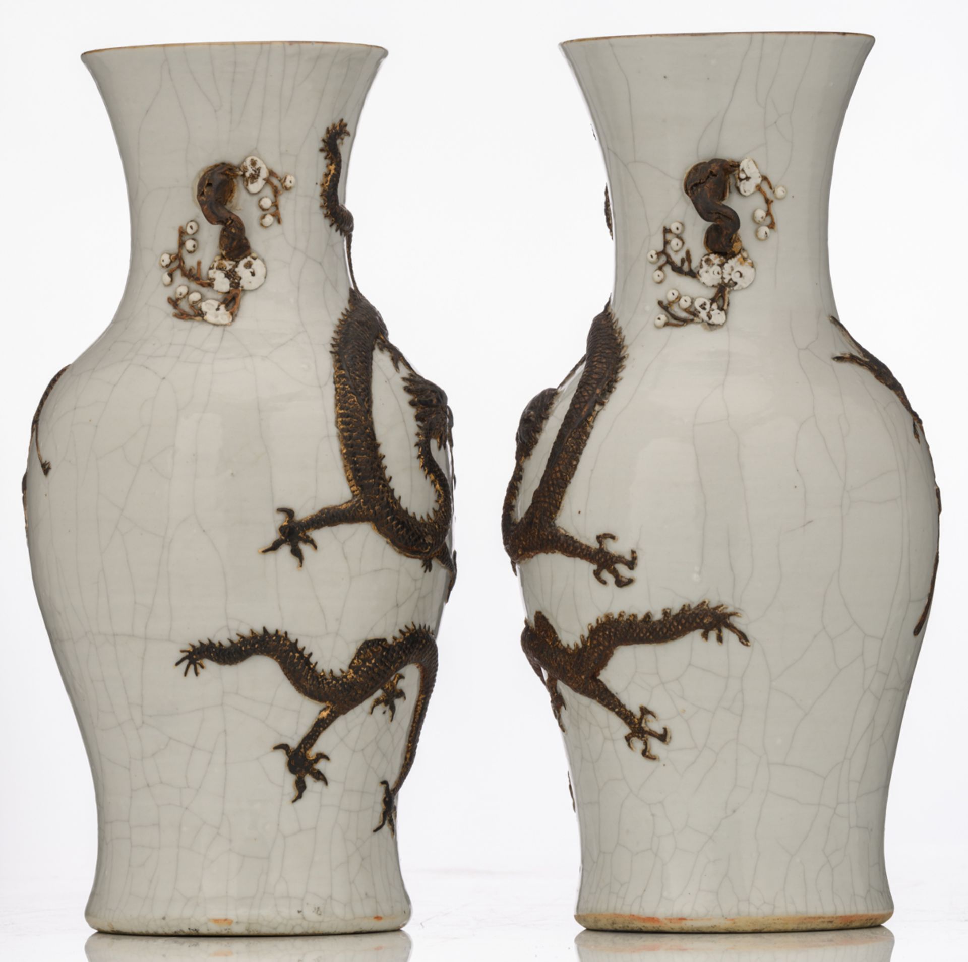 A pair of Chinese relief decorated crackleware vases, with dragons, chasing the flaming pearl, - Image 2 of 8