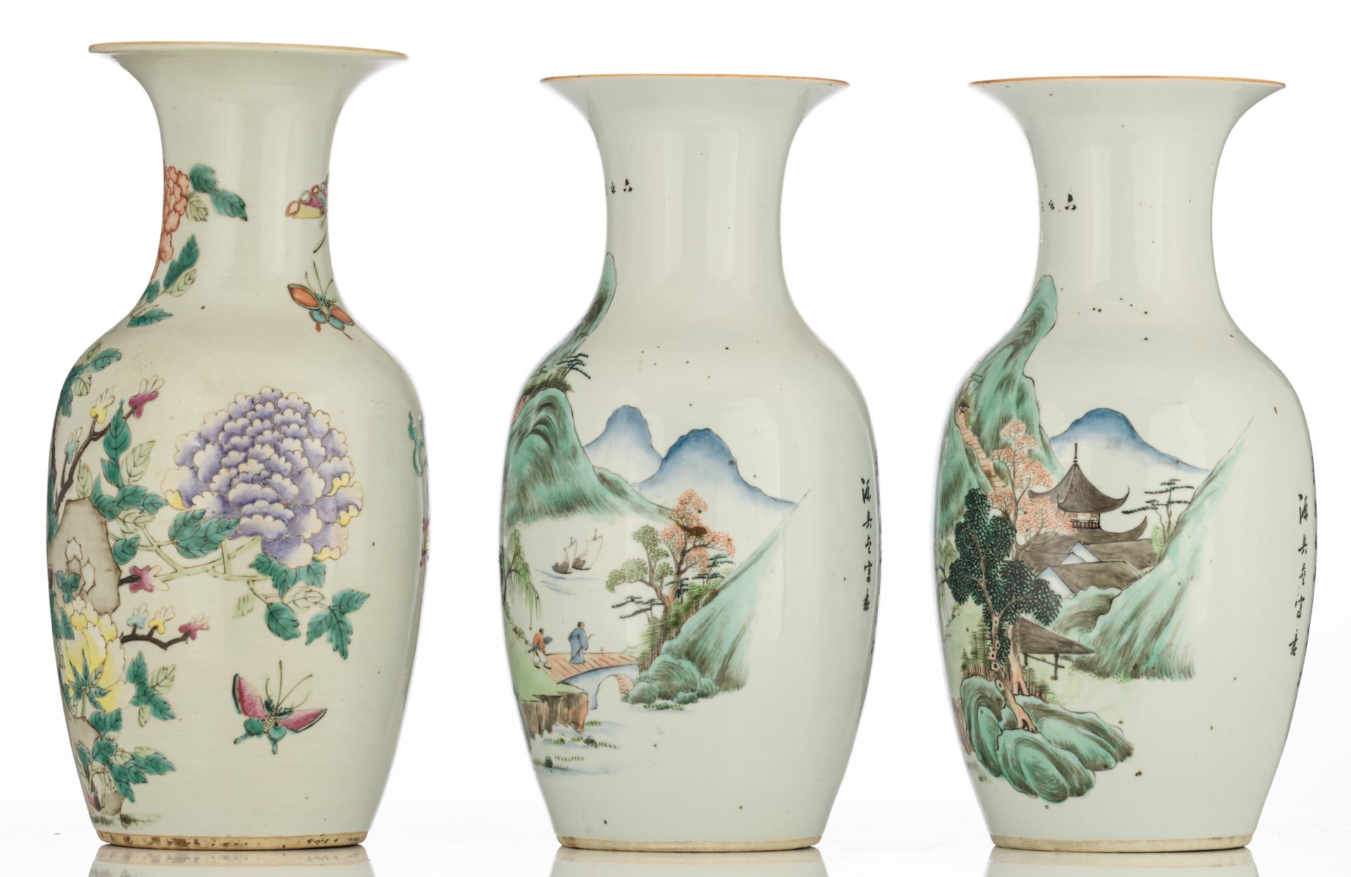 A pair of Chinese polychrome vases, decorated with figures in a mountainous river landscape; - Image 2 of 6