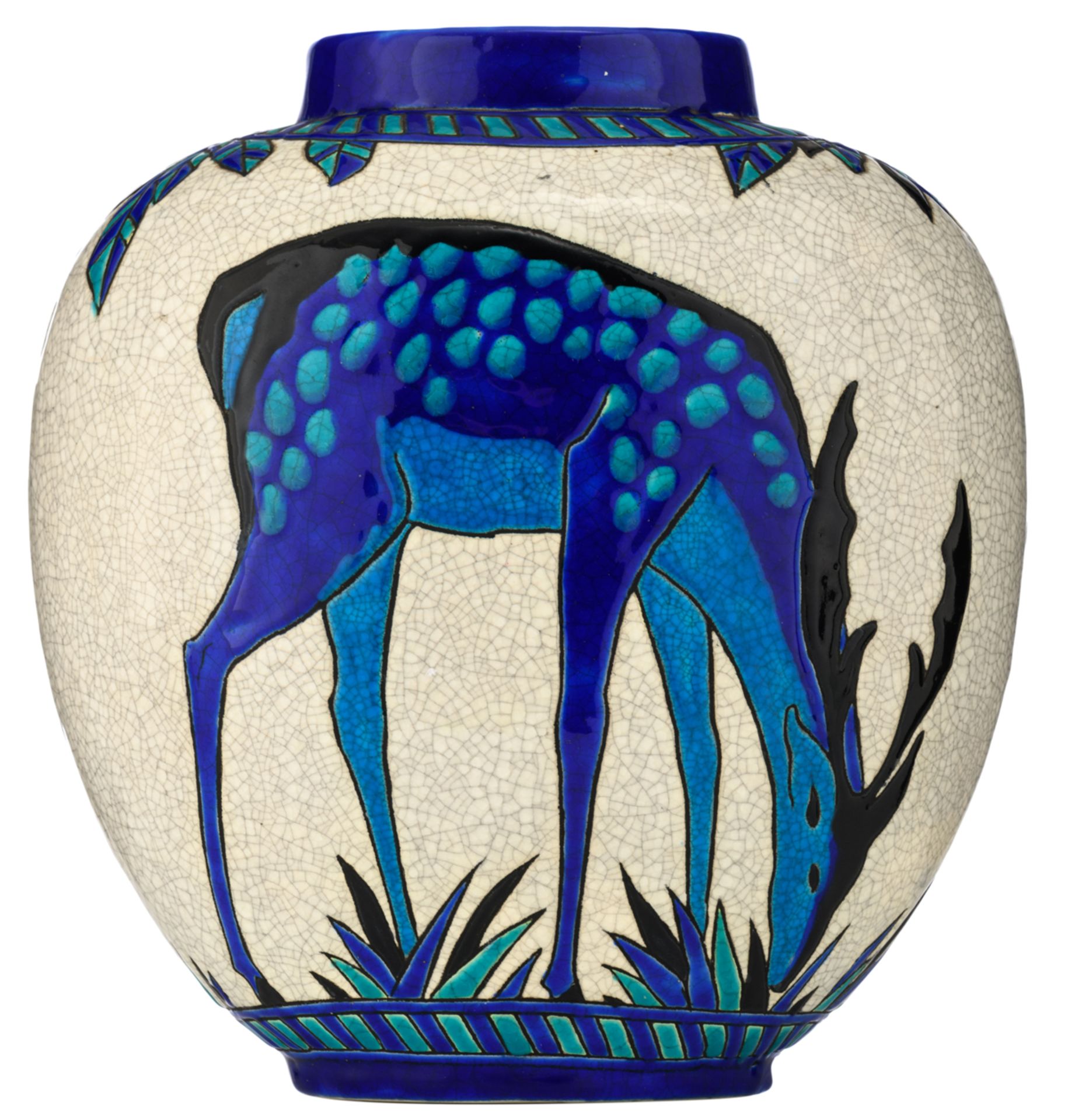 An Art Deco crackled and polychrome decorated ceramic vase with eating deer, Royal Boch - Keramis,