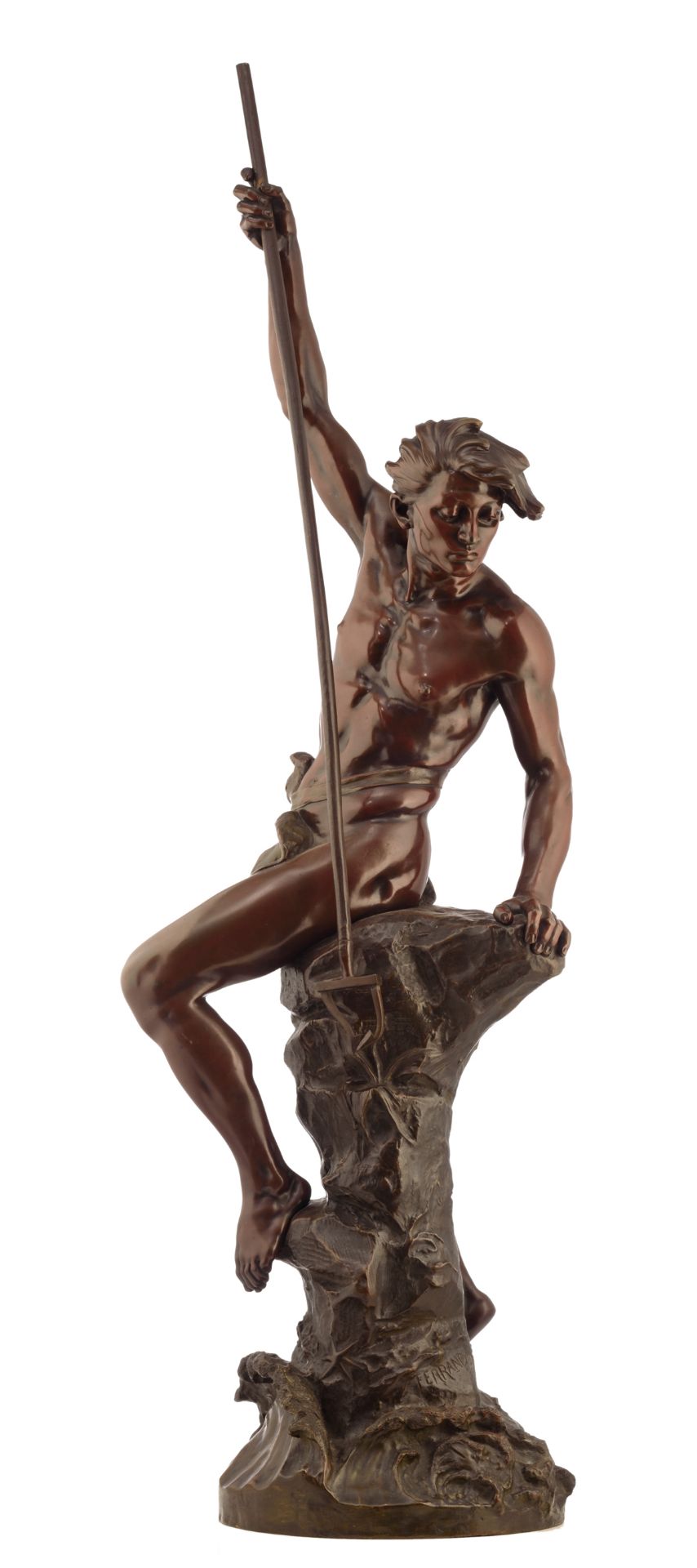 Ferrand E.J., a fisherman with his harpoon, patinated bronze, H 116 cm