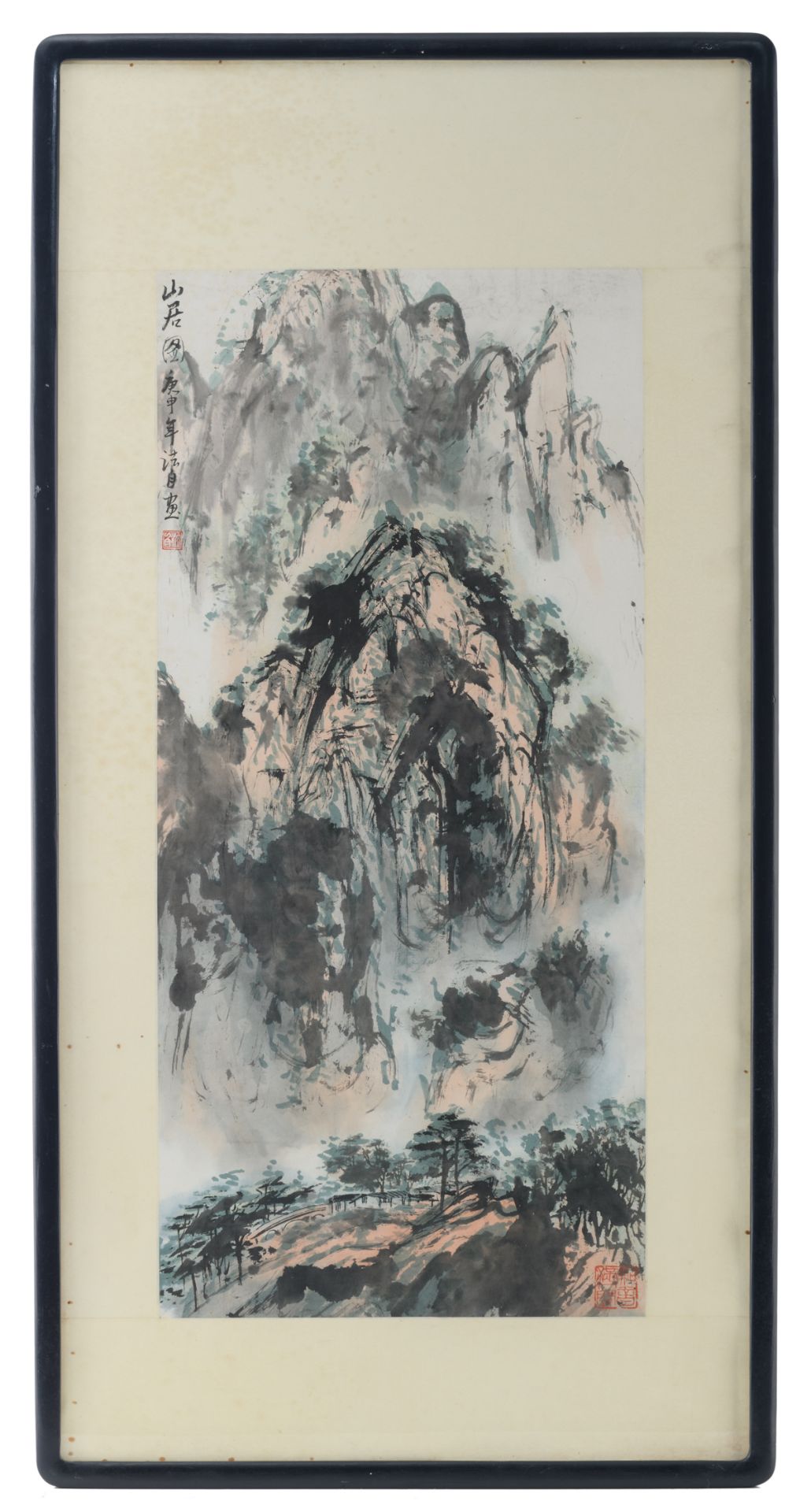 Two Chinese watercolours on paper, one watercolour depicting a mountainous landscape, 44 x 95,5 cm / - Image 2 of 9
