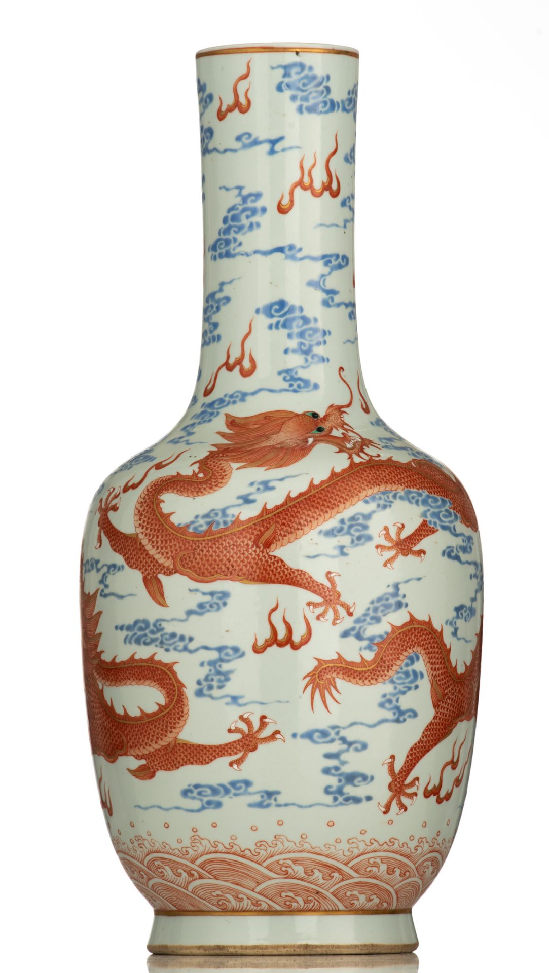 A Chinese polychrome decorated porcelain bottle vase, with the five-clawed dragons in iron red, - Image 2 of 6