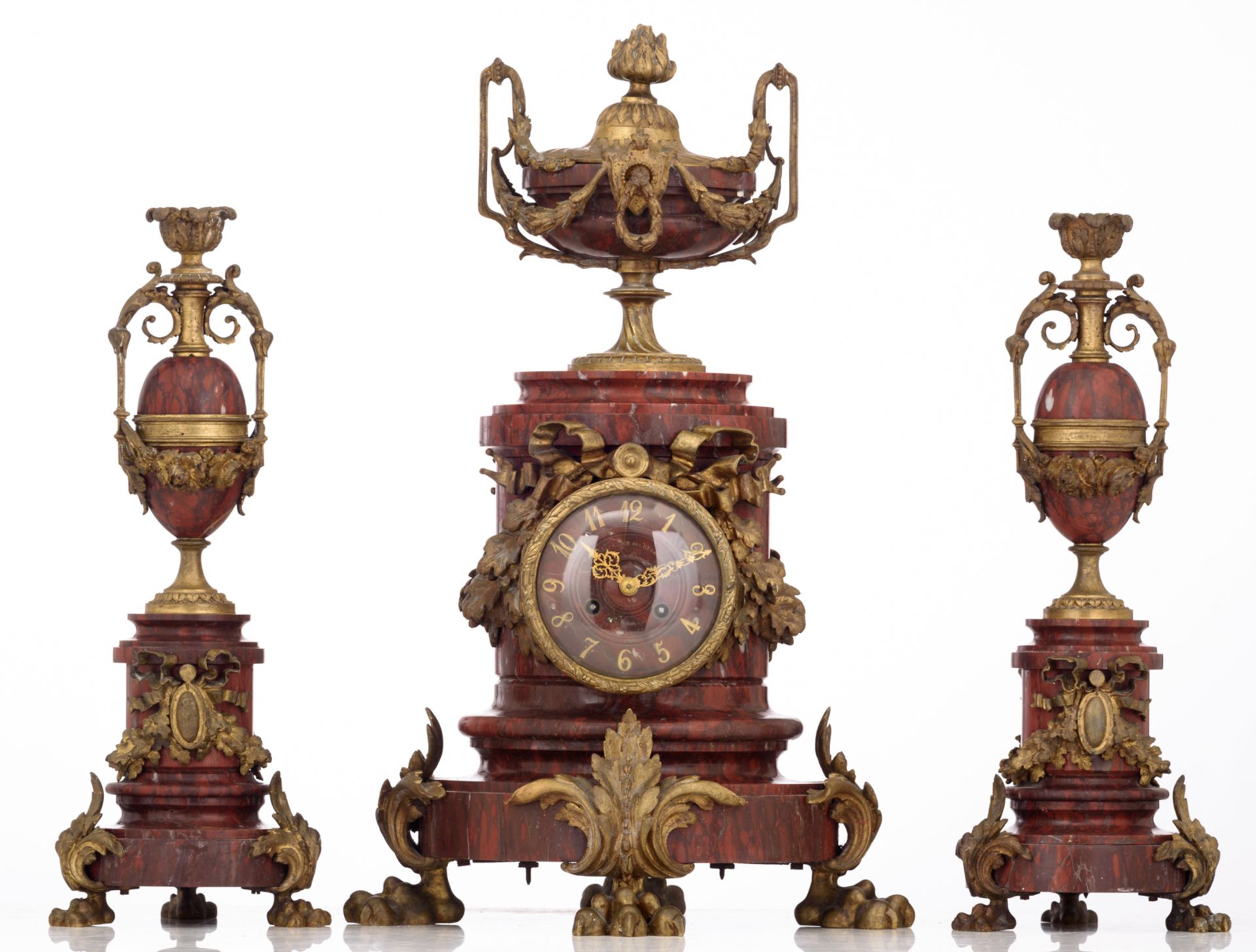 A three-piece rouge Napoleon marble garniture, consisting of a pair of candelabras and a mantel - Image 2 of 10