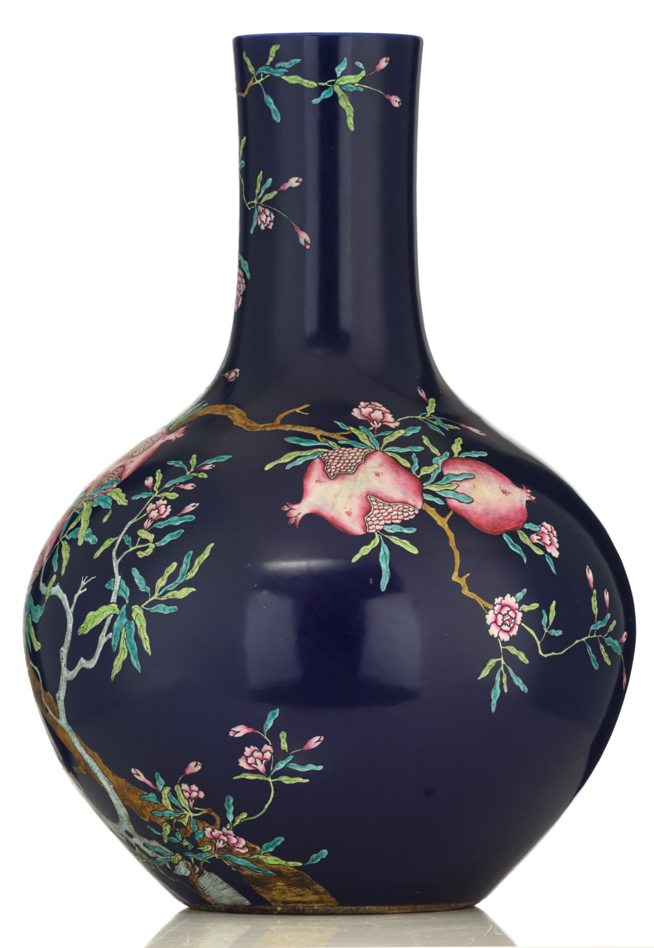 A Chinese blue ground famille rose tianqiuping, decorated with blossoming pomegranate tree branches, - Image 2 of 7