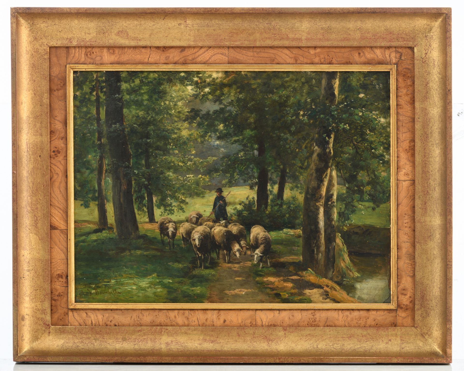 Daiwaille A.J., a shepherd with his herd in the forest, oil on canvas, 31,5 x 42,5 cm - Bild 2 aus 4