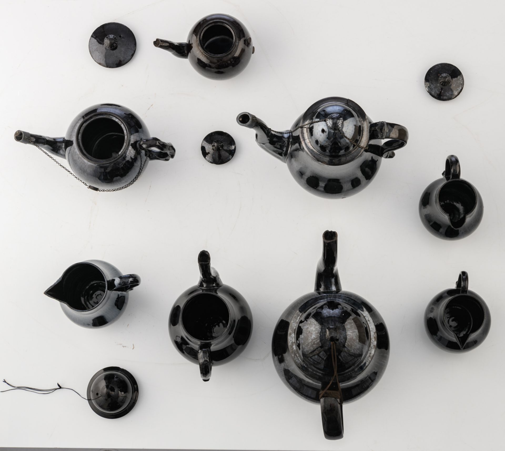 A collection of eight black glazed Namurois earthenware items consisting of: three coffee pots, - Image 3 of 5