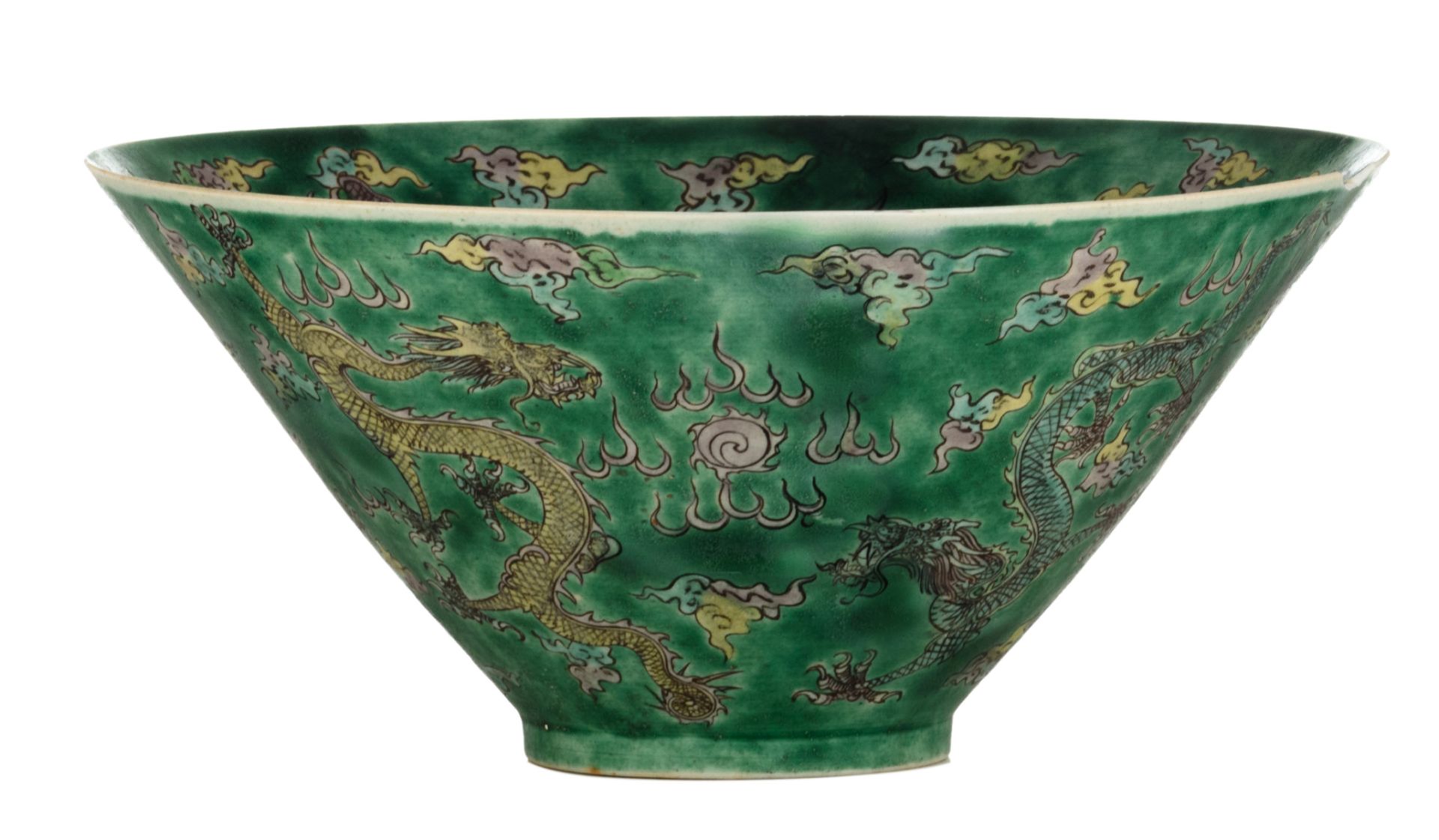 A Chinese famille verte dragon bowl, with four 'five-clawed dragons' amidst wallowing clouds, H 12,5