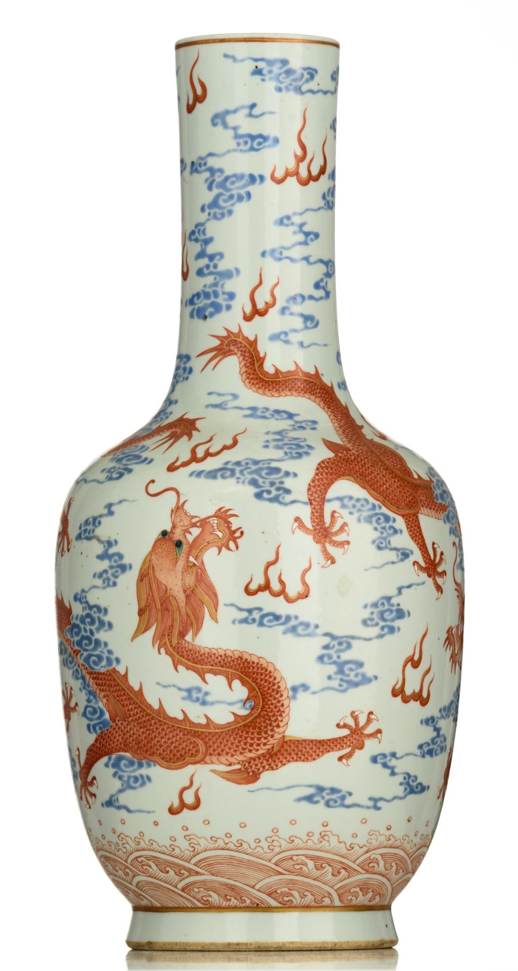 A Chinese polychrome decorated porcelain bottle vase, with the five-clawed dragons in iron red, - Image 4 of 6