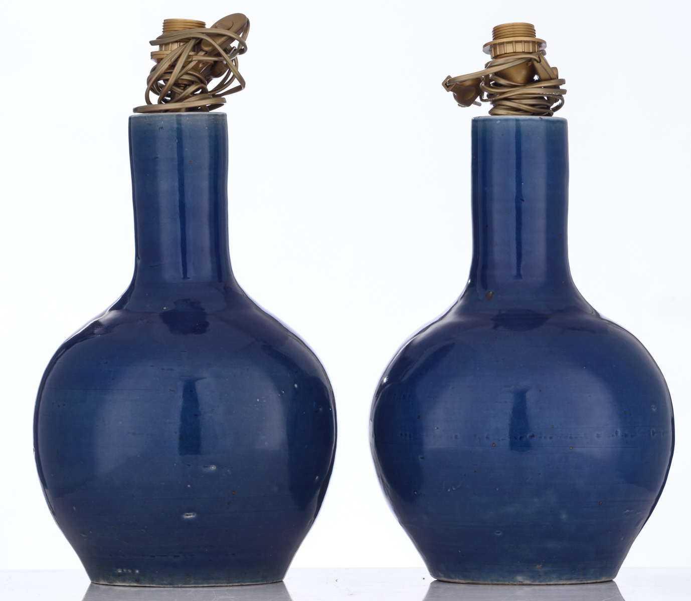 Two Chinese lavender blue glazed bottle vases, early 20thC, mounted as a lamp, H 41,5 cm - Image 3 of 7