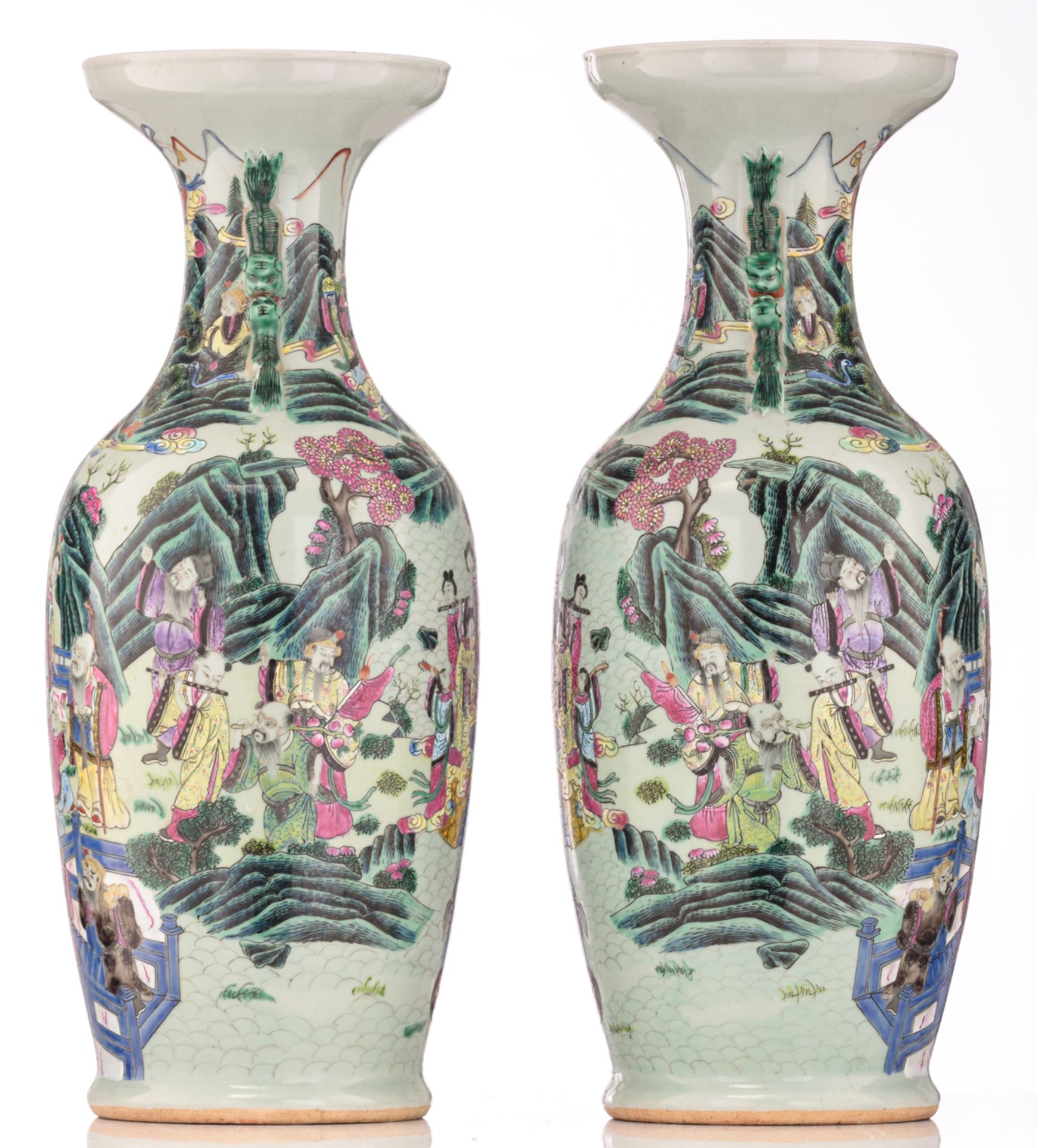 A pair of Chinese celadon ground vases, famille rose decorated with Immortals, gathering in a - Image 4 of 6