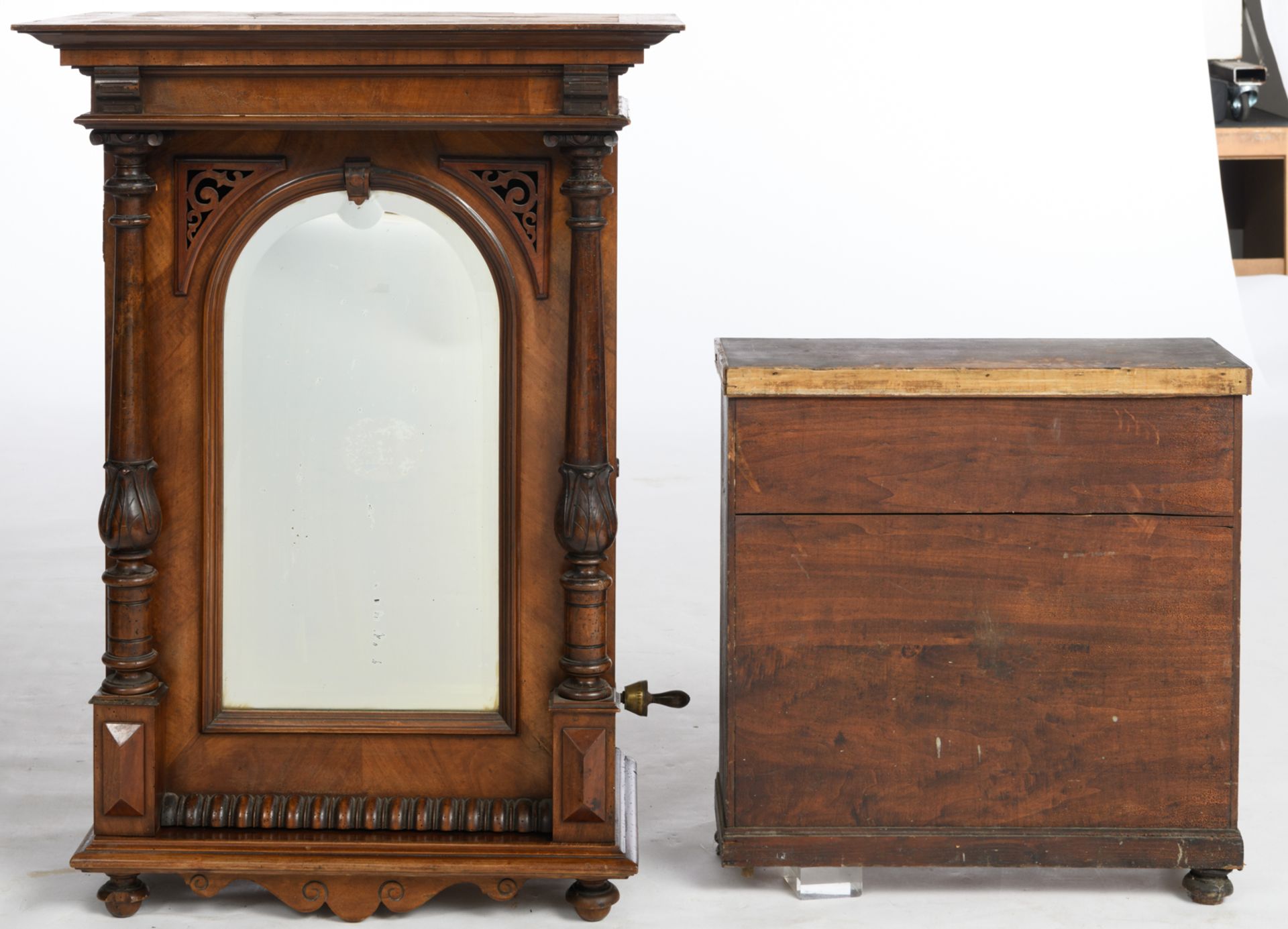 A Renaissance revival walnut hanging Polyphon-type music-box, the door with a chamfered edge mirror, - Image 6 of 6