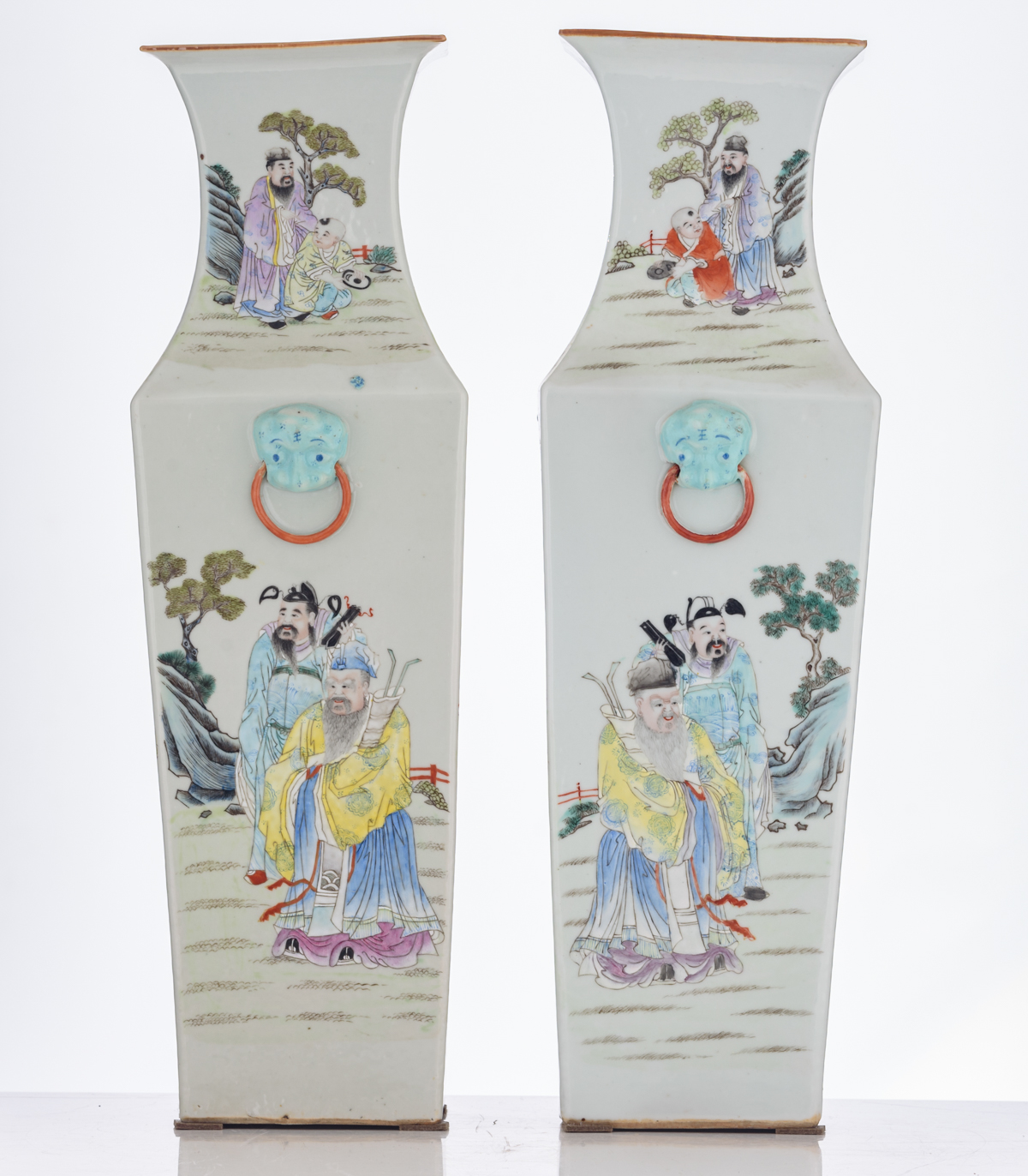 A pair of Chinese famille rose quadrangular vases, decorated with Immortals in a landscape, H 58,5 - Image 2 of 8