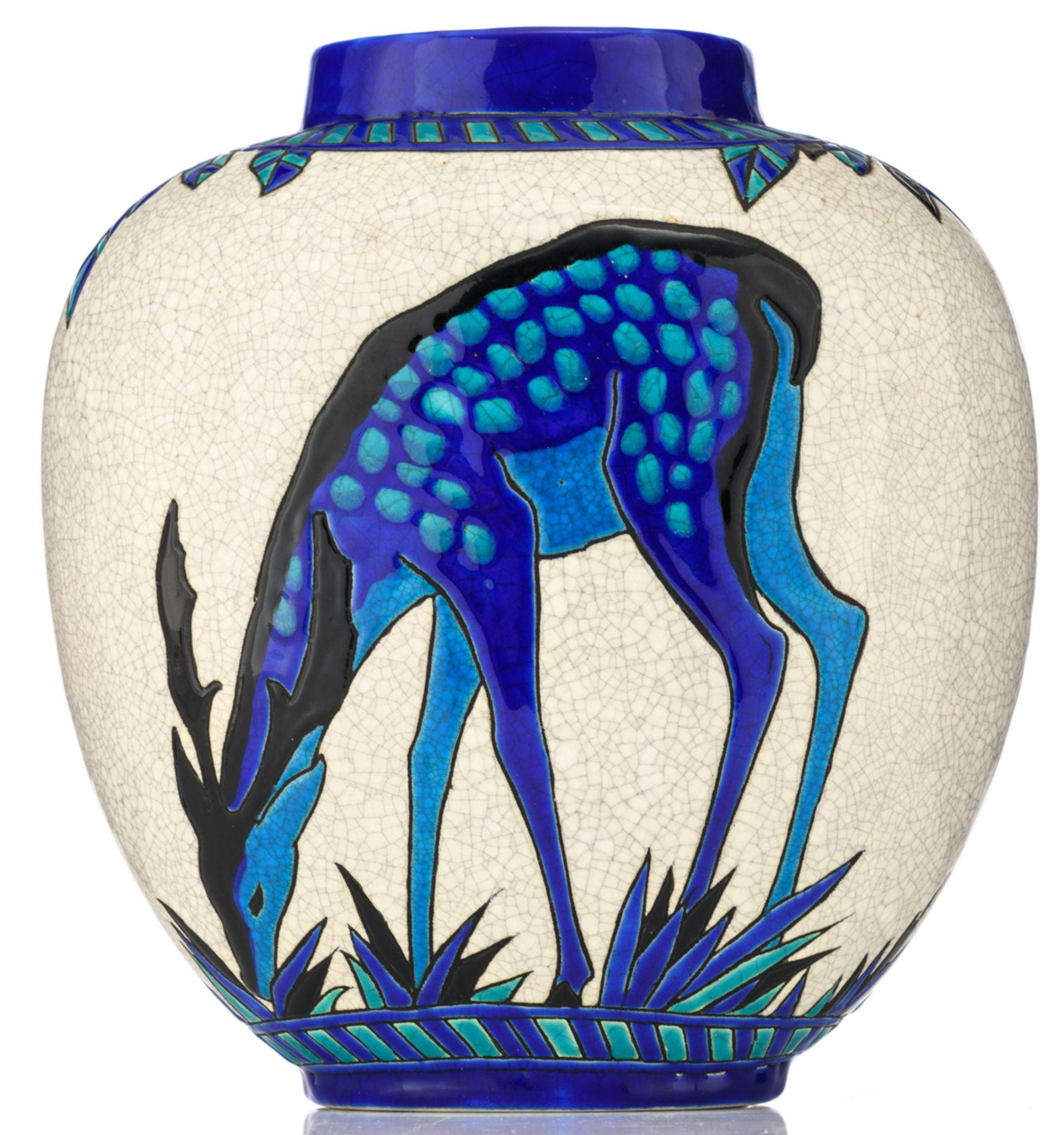 An Art Deco crackled and polychrome decorated ceramic vase with eating deer, Royal Boch - Keramis, - Image 3 of 7