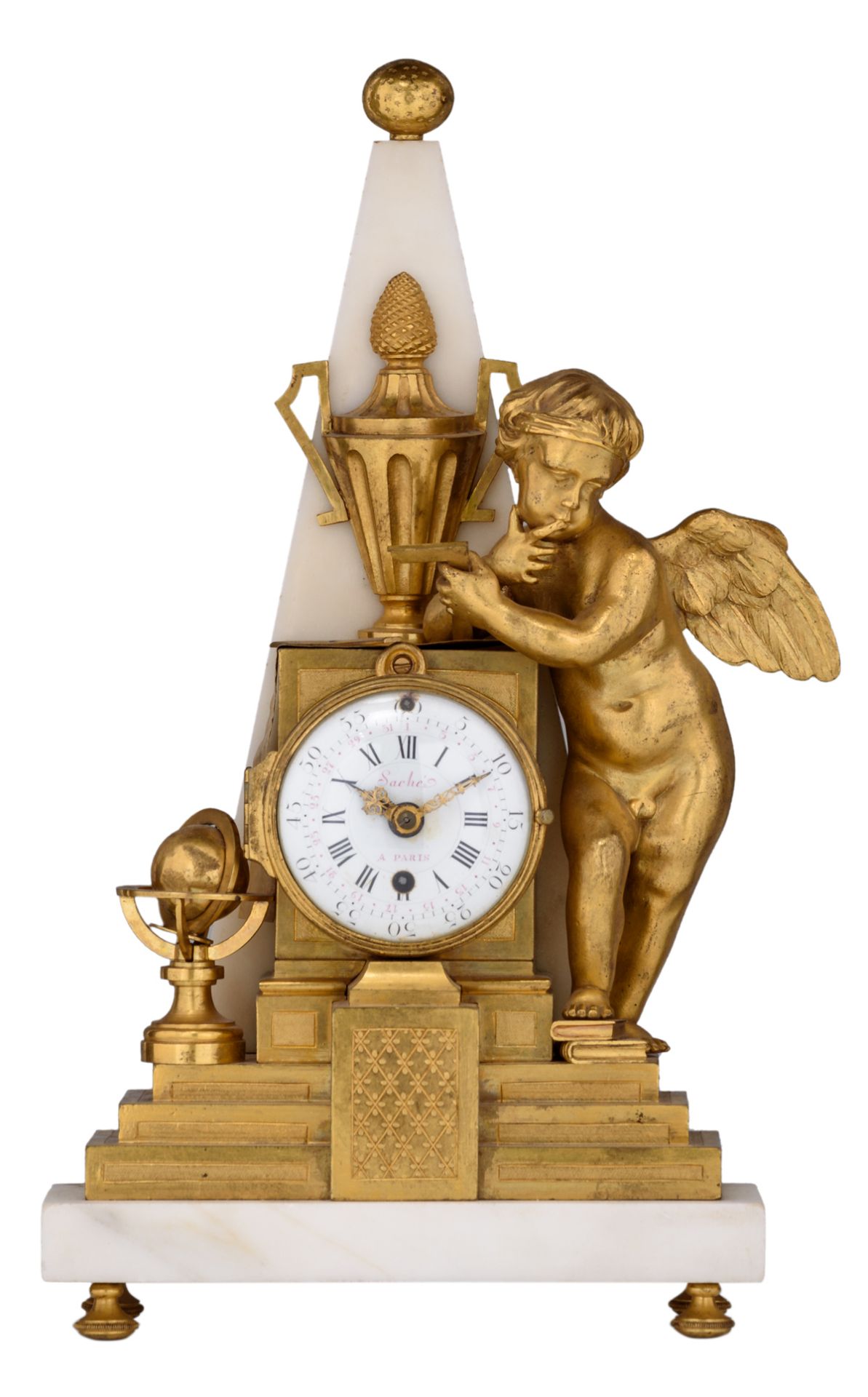 A French obelisk-shaped mantle clock, with an allegory on geography on top, ormolu bronze and