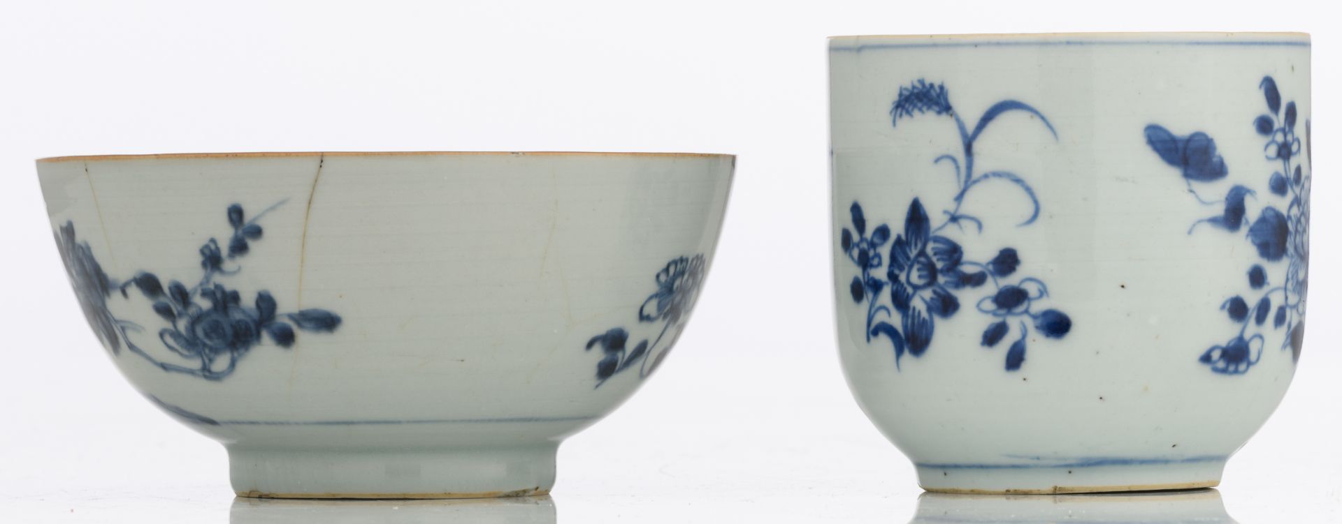 Nine Chinese underglaze-blue decorated café-au-lait glazed dishes with various flower designs; - Image 5 of 15