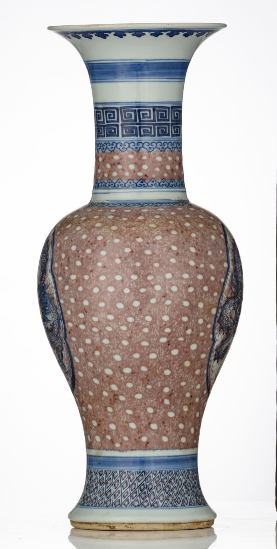 A Chinese underglaze blue and copper red baluster shaped vase, the roundel decorated with a - Image 4 of 6