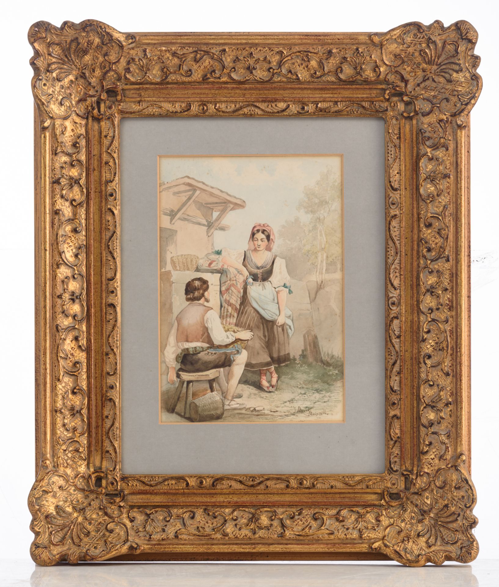 Maris J.H., the conversation, dated 1866, watercolour, 20 x 29 cm - Image 2 of 4