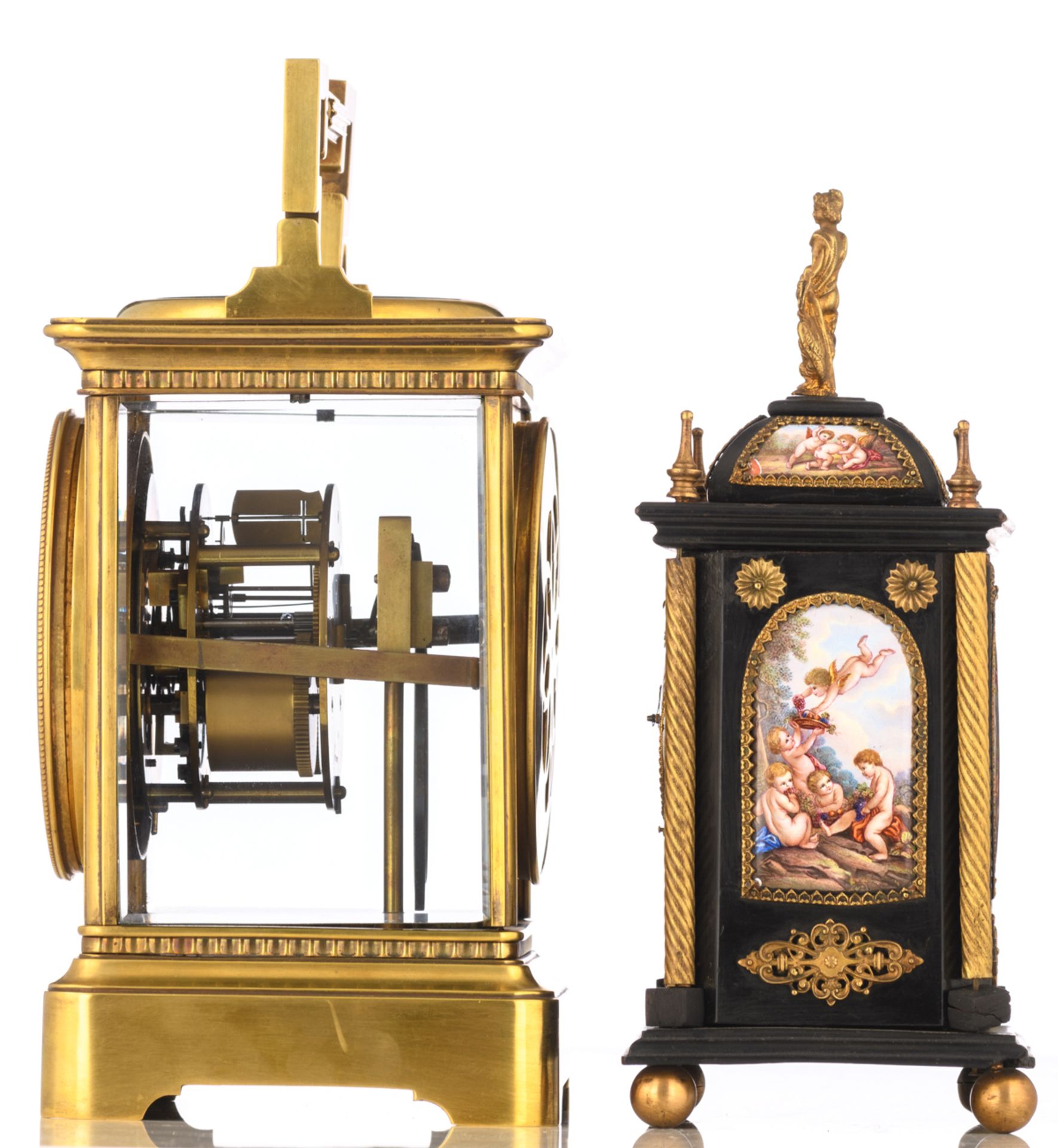 A French early 20thC brass table clock also set with a Fahrenheit & Réaumur thermometer and a - Image 2 of 9