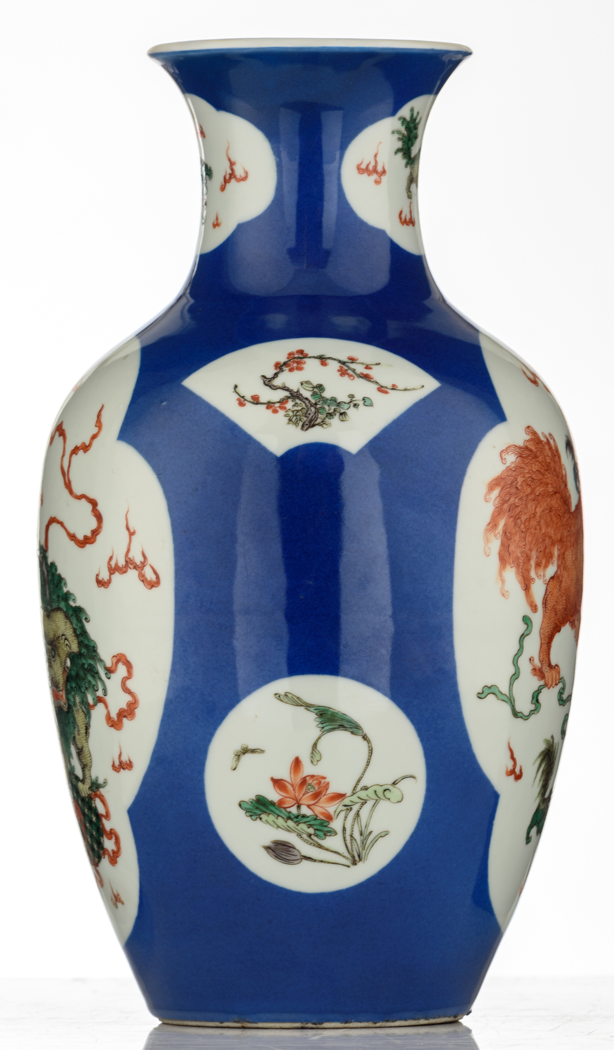 A Chinese bleu poudré begonia shaped vase, the roundels famille verte decorated with playing - Image 4 of 6