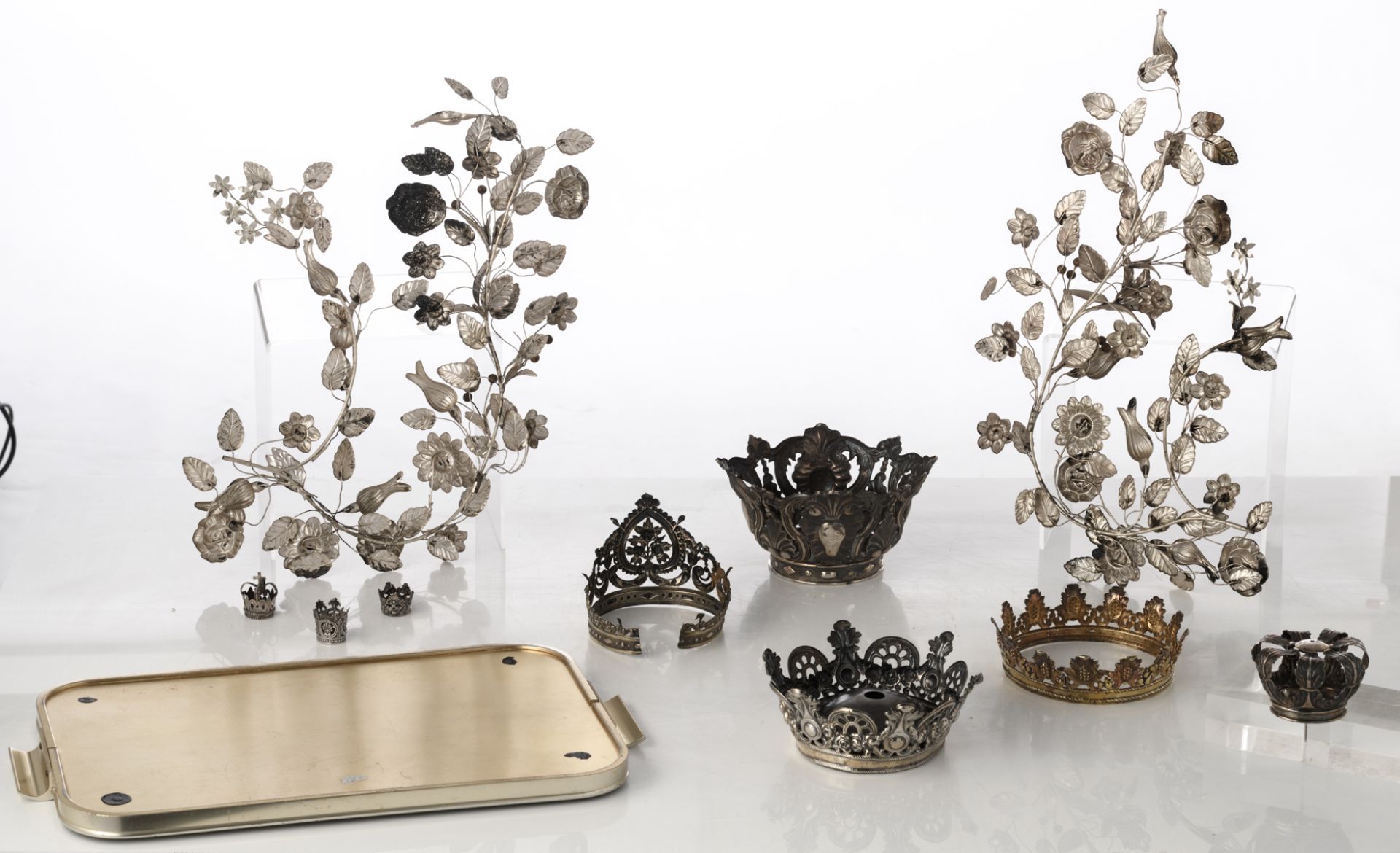 A set of silver crowns fitting for Holy Mother and Child statues, mostly Belgian and French - Image 2 of 3