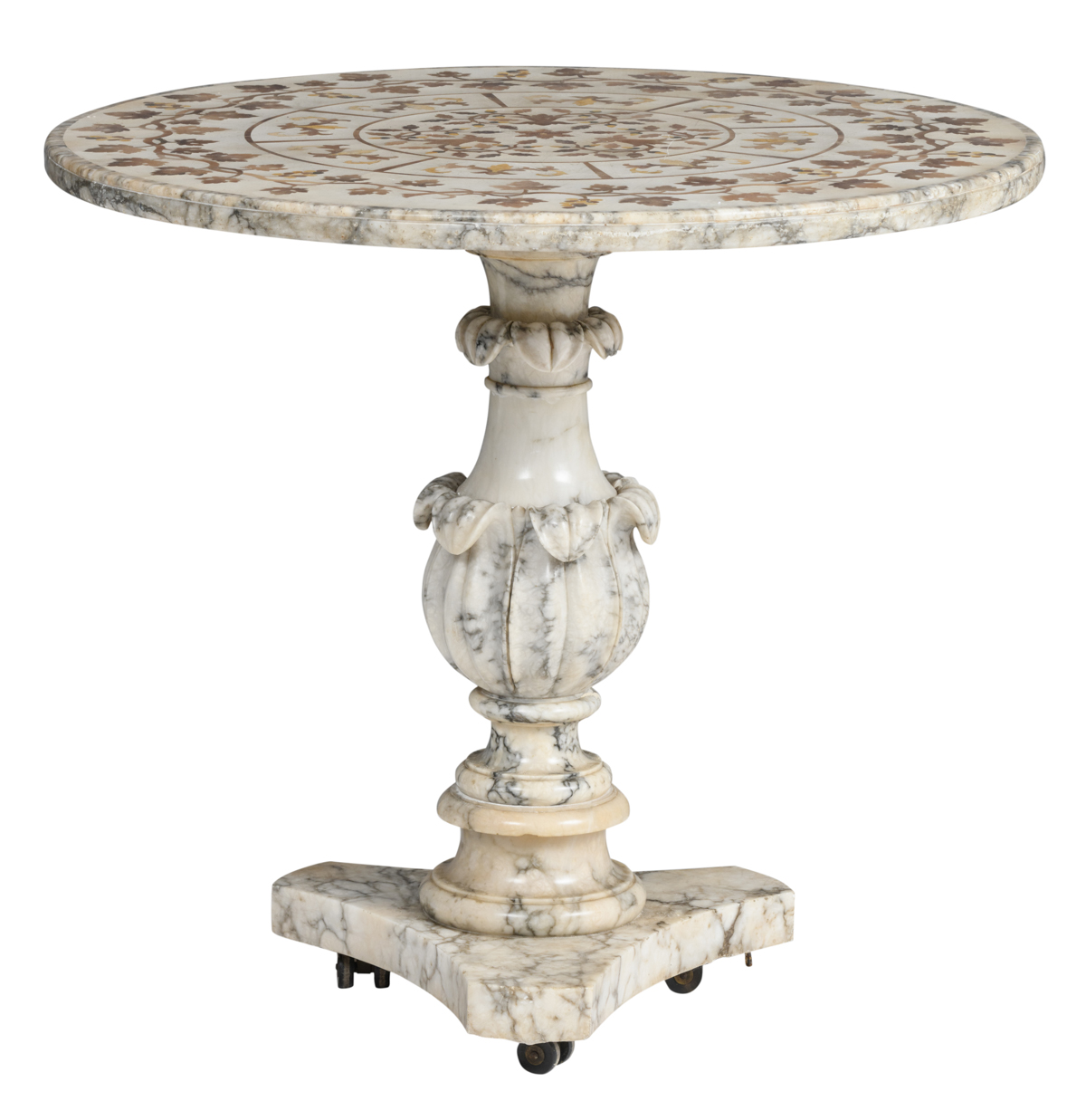 A Brèche violet marble guéridon with a pietra dura Carrara marble top, decorated with vines, H