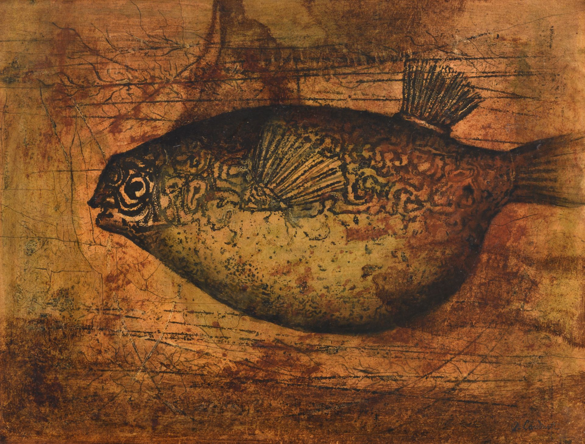 Landuyt O., a swimming fish, oil on board, 50 x 65 cm Is possibly subject of the SABAM legislation /