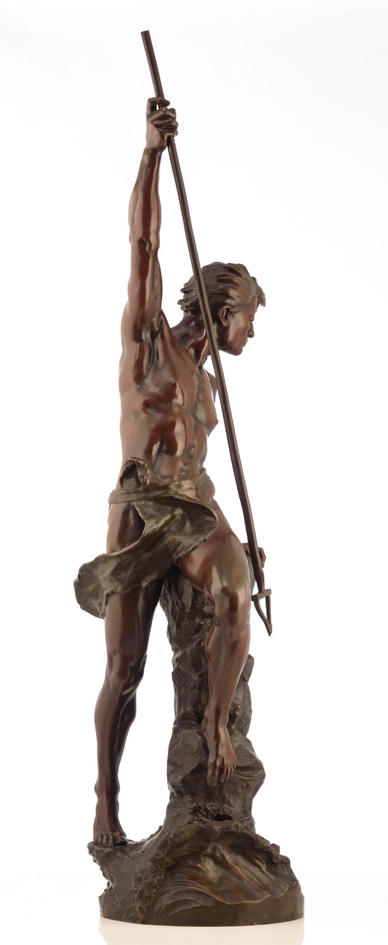 Ferrand E.J., a fisherman with his harpoon, patinated bronze, H 116 cm - Image 4 of 6