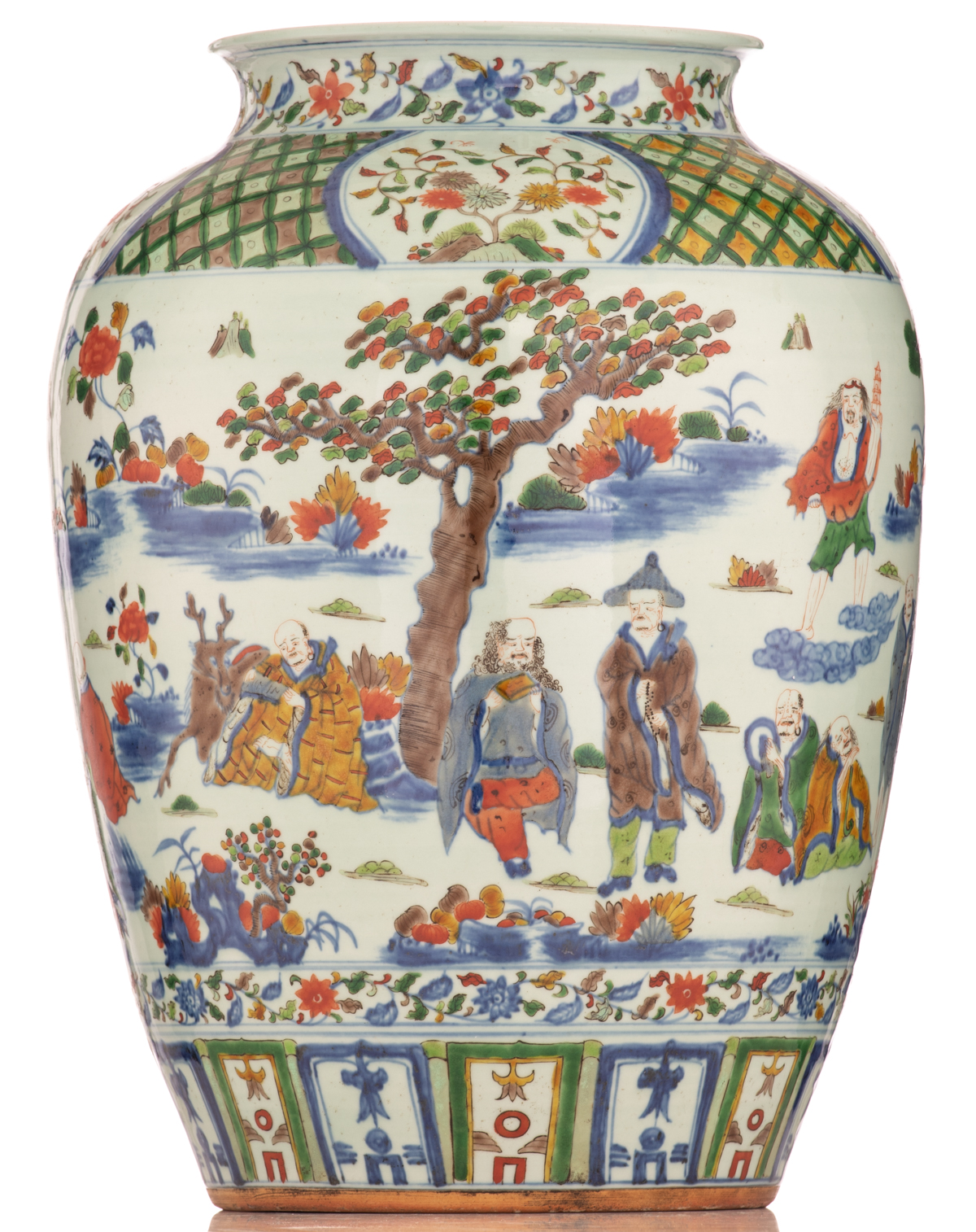 A Chinese wucai jar, decorated with the Eighteen Luohans in a landscape, with a Jiajing mark, H 45 - Image 3 of 7