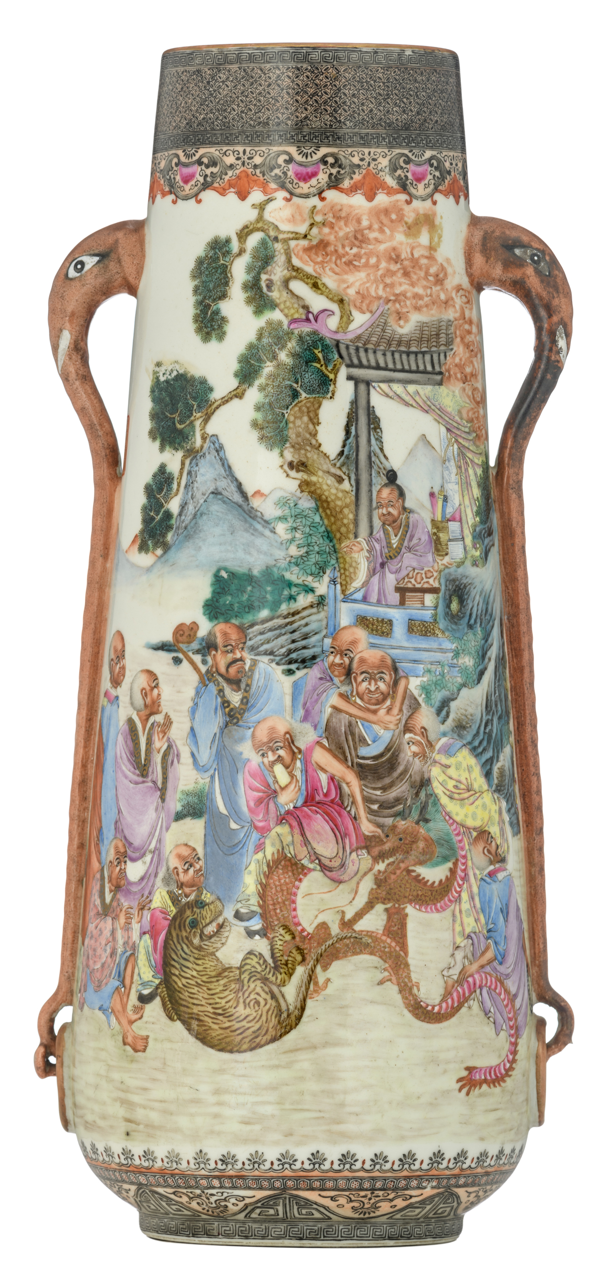 A Chinese Republic period cylindrical vase, decorated with the Eighteen Luohans, observing an animal