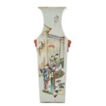 A Chinese polychrome decorated quadrangular vase, decorated with a dignitary and his female servants