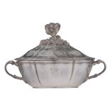 A French early 19thC Rococo revival silver vegetable dish, re-hallmarked in Belgium 1830 - 1868, the