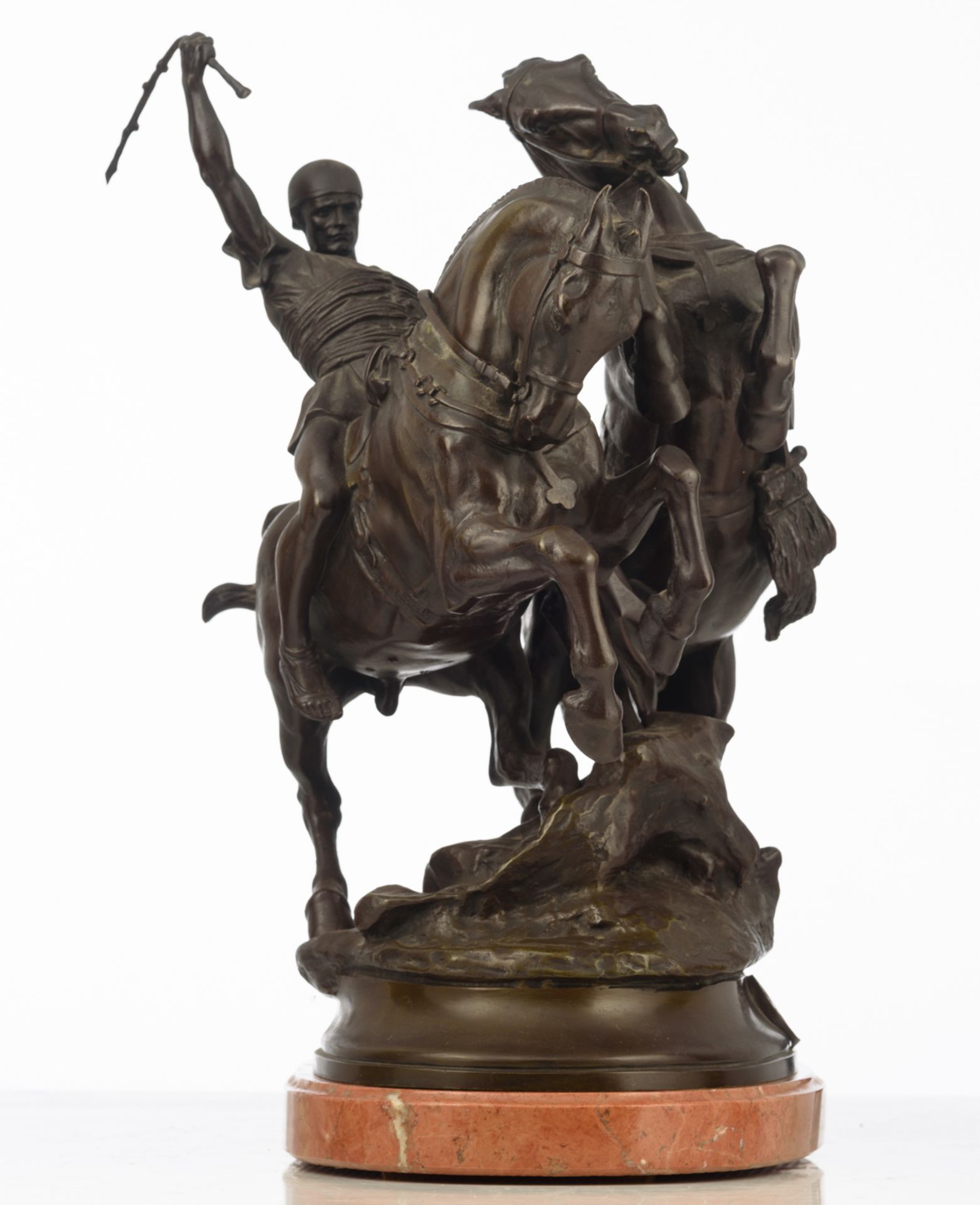 Freniet E., the Roman horse tamer, brown patinated bronze on a rouge imperial marble base, H 40 - Image 3 of 9