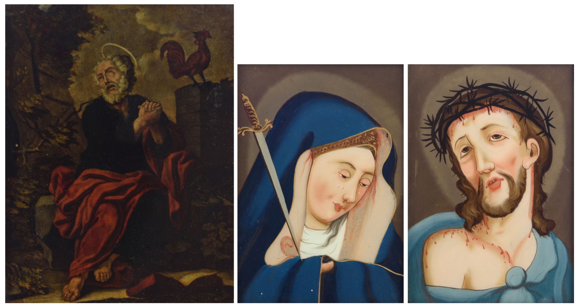 Two early 19thC reverse glass paintings depicting a 'Mater Dolorosa' and an 'Ecce Homo', most