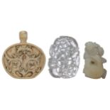 A Chinese ivory flat snuff bottle and a carved jadeite ornament of a boy, riding a goose and a goat;